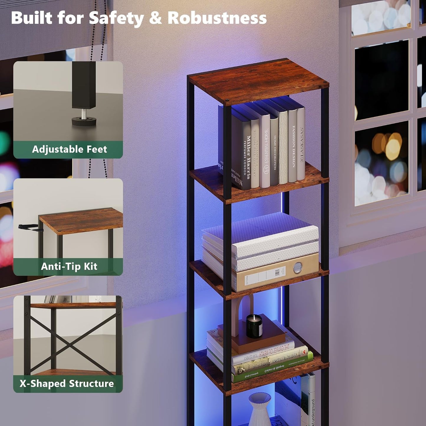 6-Tier Bookshelf, Tall Narrow Bookcase with LED Lights, Book Shelf with Steel Frame, Display Storage Shelf for Living Room, Bedroom, Home Office, Study, Balcony, Rustic Brown