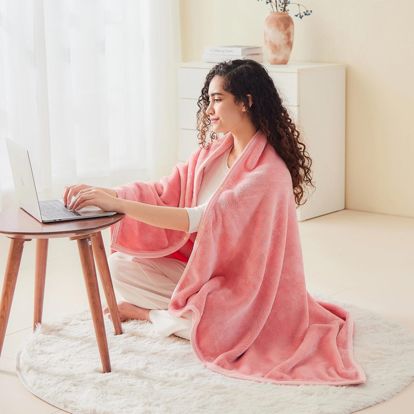 Mellowdy Shawl Blanket Pillow 2-in-1 with Sleeves for Office, Work, Home (Blossom Pink, 40x60) - Wearable Adult Snuggie Coat Poncho, Airplane Travel Set, Fleece Shoulder Wrap for Men and Women