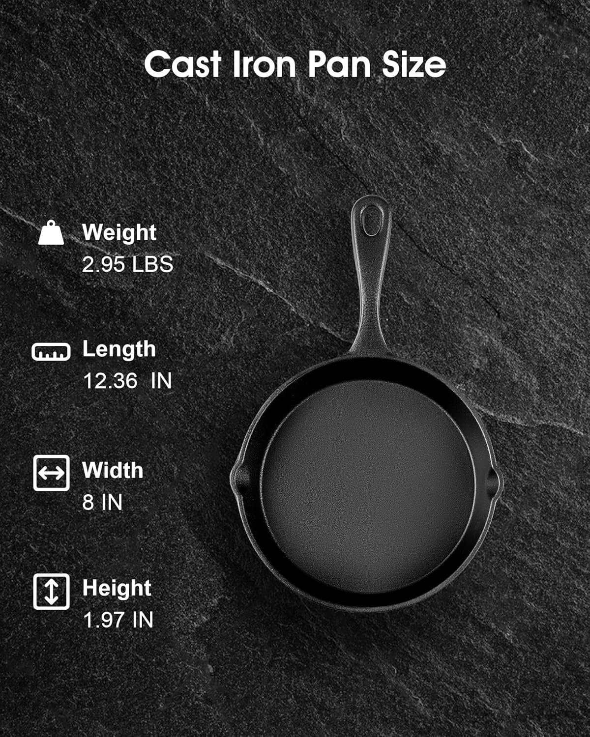 Cast Iron Skillets, 8 Inch Frying Pan with Teardrop Handle, Oven Safe, Durable Camping Cookware for Stove & Grill Use, Indoor/Outdoor