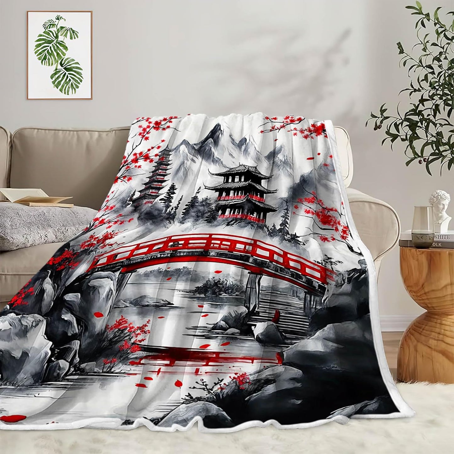 DYNH Japanese Cherry Blossom Throw Blanket, Mountain Cherry Branches Red Sun Ink Painting Asian Nature Scenery Soft Warm Flannel Black White Grey Throw Blanket,50X60