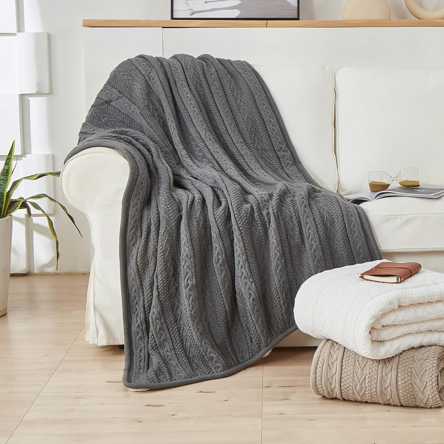 Longhui bedding Acrylic Cable Knit Sherpa Throw Blanket - Thick, Soft, Big, Cozy Grey Knitted Fleece Blankets for Couch, Sofa, Bed - Large 50 x 63 Inches Gray Coverlet All Season