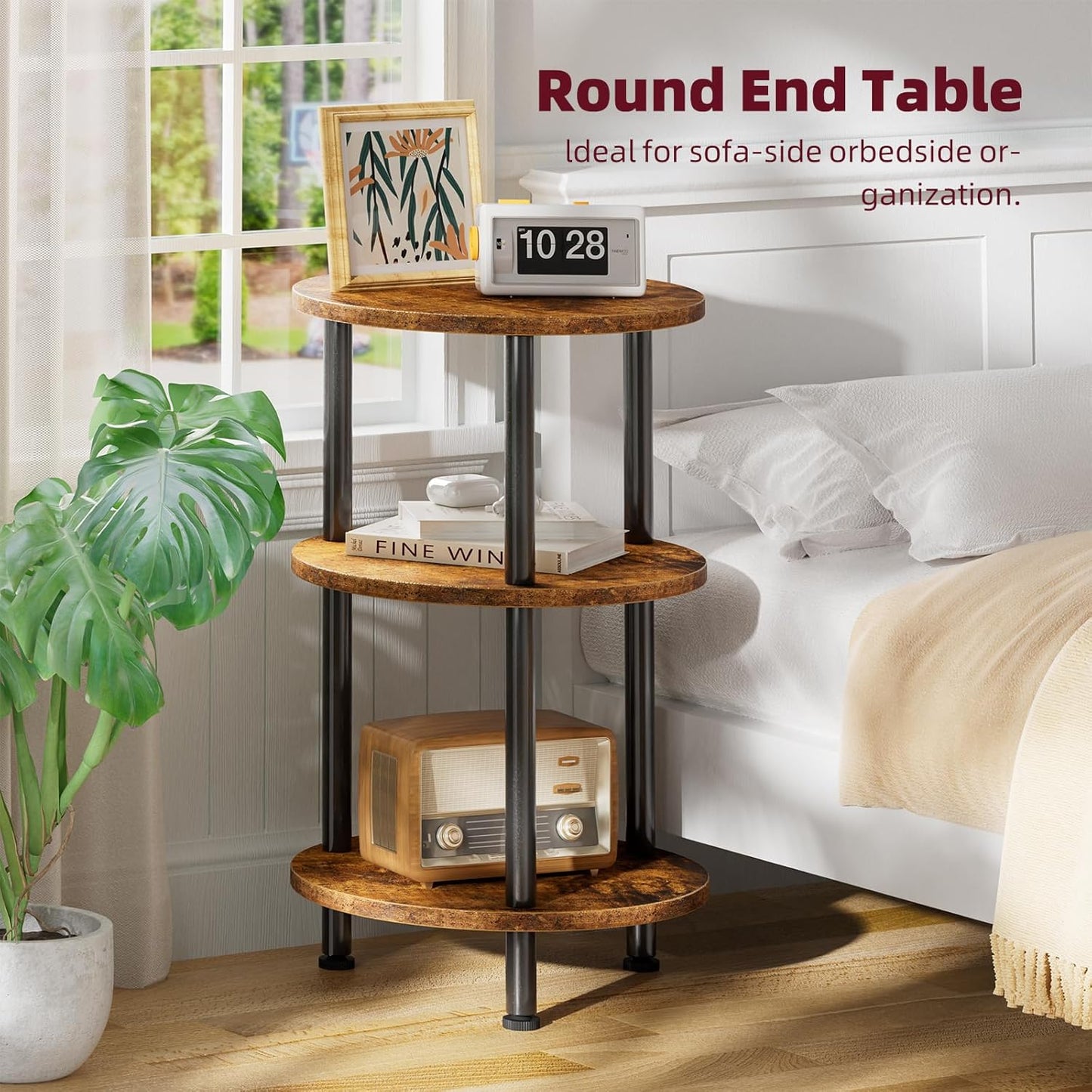 Simple Trending End Table Living Room, Small Round Side Table, 3 Tiers Accent Table for Small Spaces, Rustic Brown