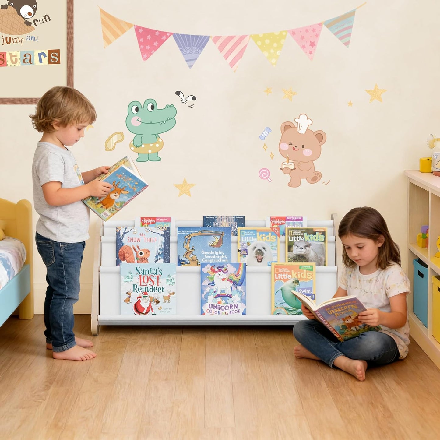 Kids Bookshelf, 4-Tier Montessori Book Shelf for Kids Rooms, Easy Installation, Eco-Friendly Wooden Storage Organizer,28.7” x 15.7” x 13.6” Natural/White