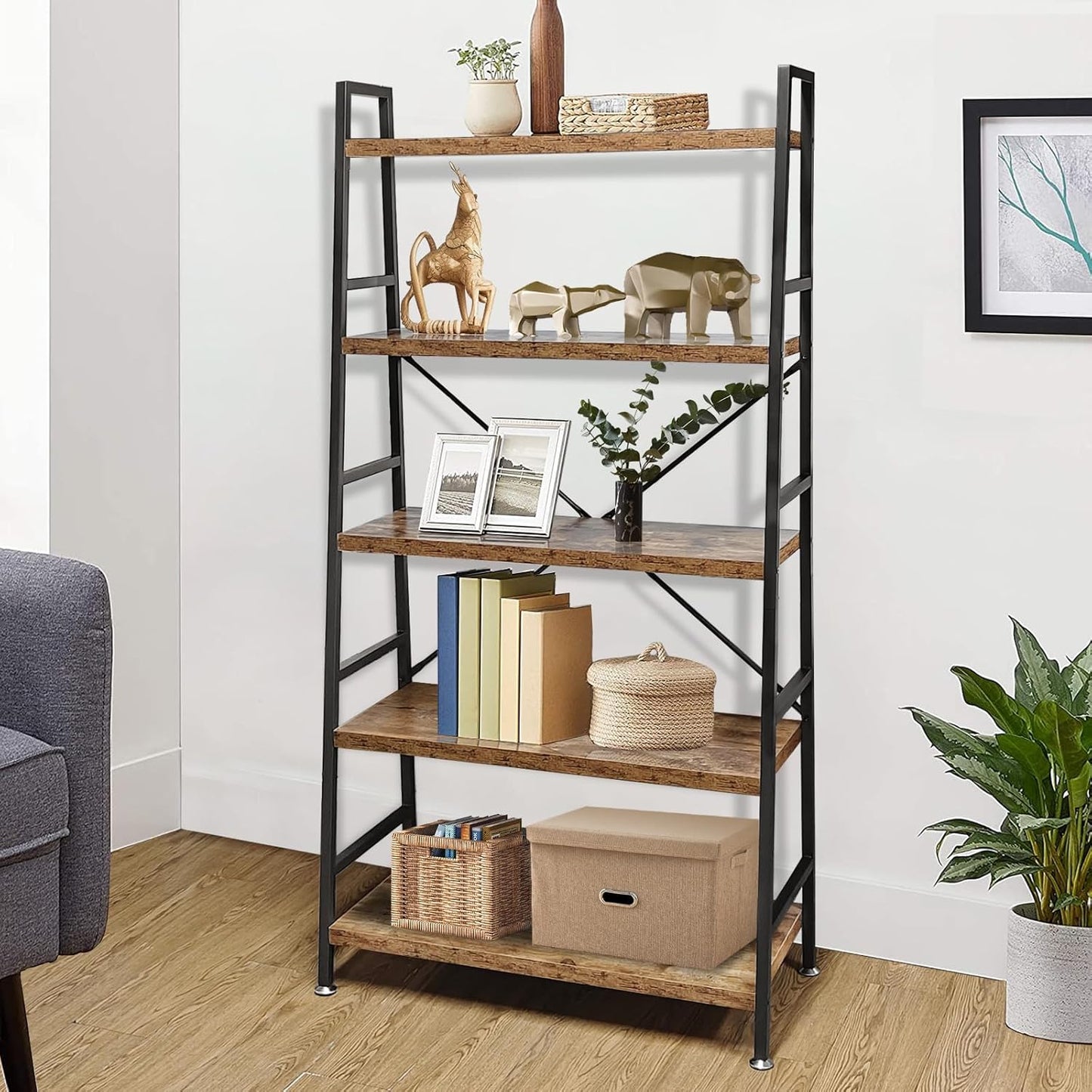 TooCust 5 Tier Ladder Bookshelf, Heavy Duty Rustic Brown Wood and Metal Bookcase with 1.2" Thick Shelves, 63" H x 30" W x 14" D, Industrial Open Storage Shelving for Living Room, Bedroom, Kitchen