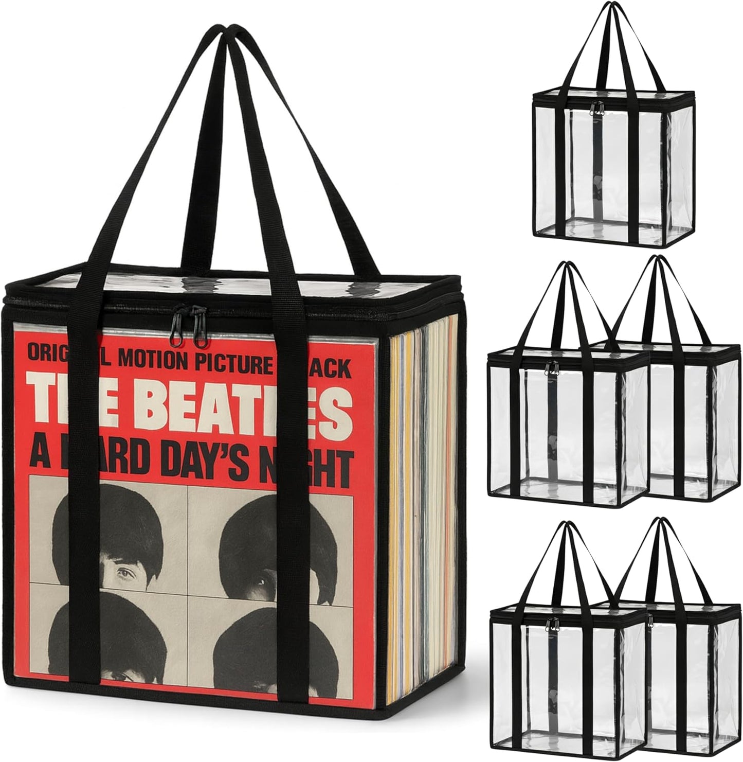 Evelots Vinyl Storage Bag (6-Pack) Clear PVC Plastic Media Carrying Case with Zipper - Holds 216 LP Albums Total - Strong Handles - Protects Vinyl from Dirt & Moisture