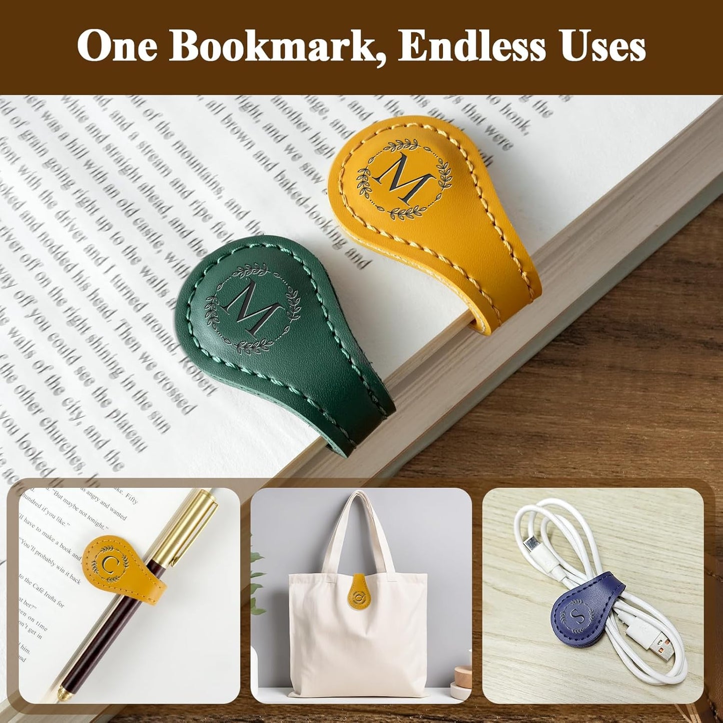 Personalized Leather Magnetic Bookmark with Pen Holder – Custom Initial Design for Readers（Brown-D）