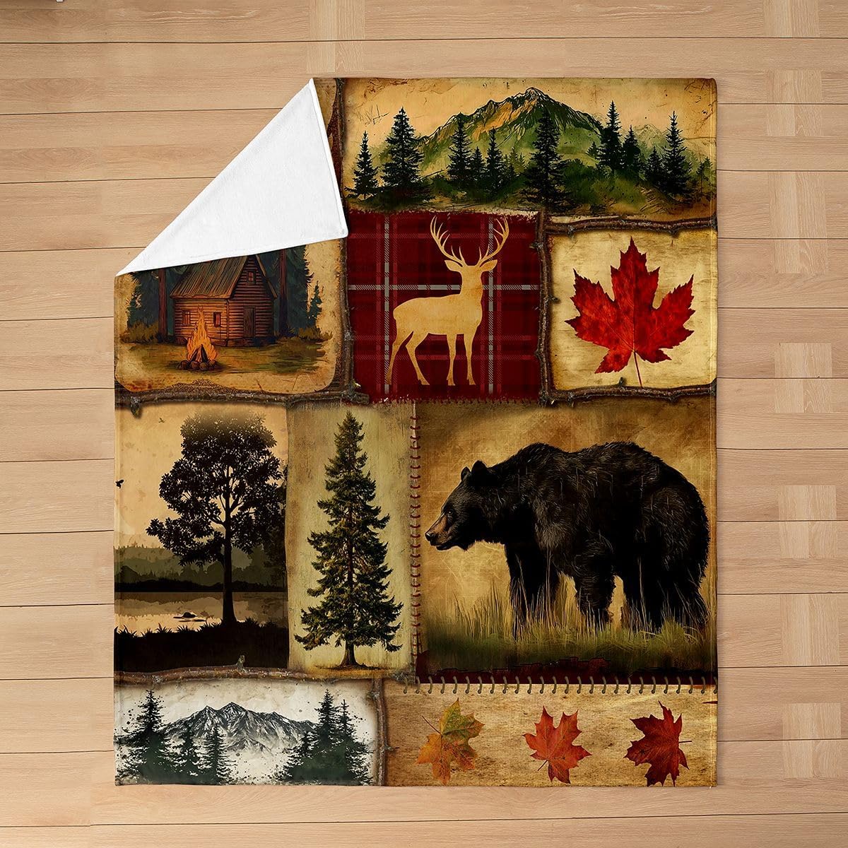 Rustic Farmhouse Queen, Retro Cabin Lodge Fuzzy Blanket, Hunting Bear Deer Fleece, Country Maple Leaves Plush, Rustic Woodland Pine Tree Flannel Soft Cozy, Red Brown