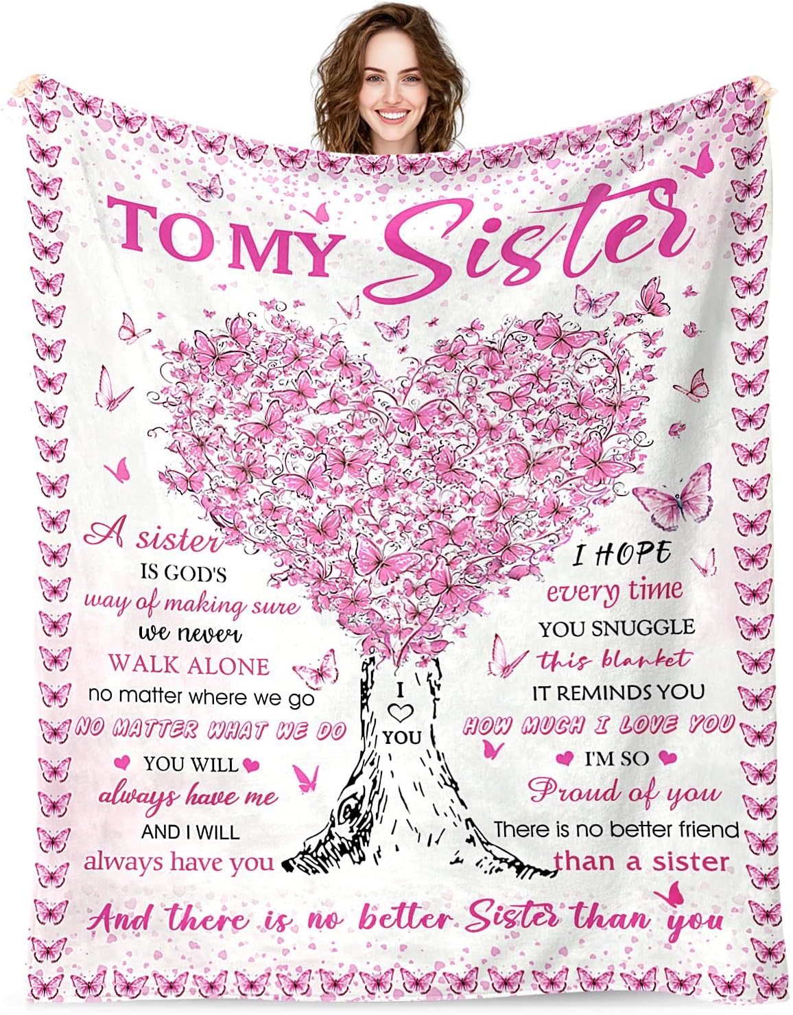 Sisters Gifts from Sister, Super Soft Funny Pink Butterfly Sisters Blanket for Little Girl, Christmas Birthday Gifts for Sister, Warm Cozy Fuzzy Plush Flannel Throw Blanket 60"x50" for Couch Bedding