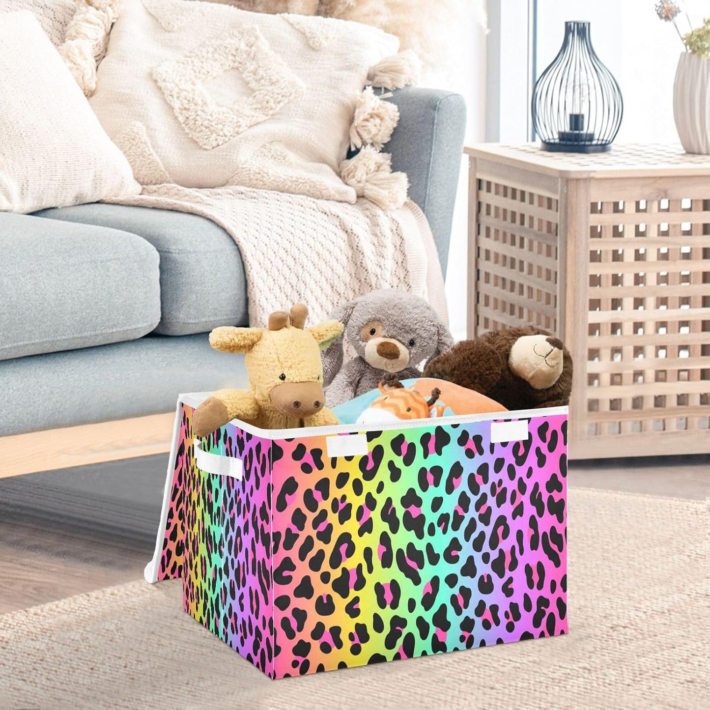 Large Collapsible Storage Bins with Lids, Rainbow Leopard Animal Storage Baskets Organizer Containers with Handles for Nursery Clothes Toys
