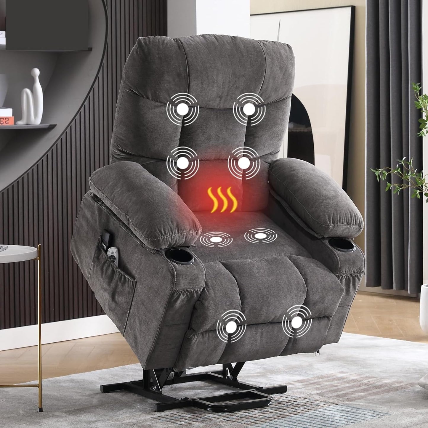 Electric Lift Recliner Chair for Seniors with Heated Lumbar & Full-Body Vibration Massage, Single Power Reclining Sofa with USB Charging, Dual Cup Holders, Side Storage Pocket, and Ergonomic
