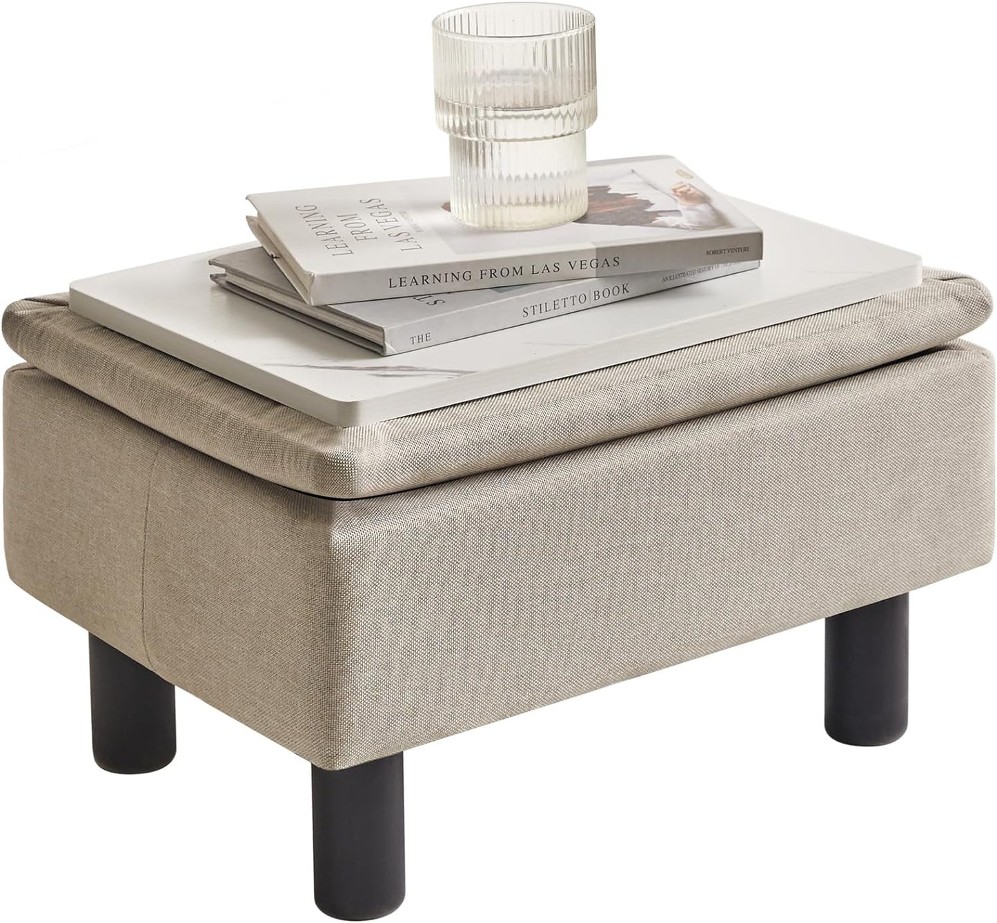 IBUYKE Storage Ottoman Footrest Stool with Linen Fabric, Rectangular, Flip Top Lid, Non-Slip Feet, Compact Design, Stylish and Functional, Linen RF-BD223