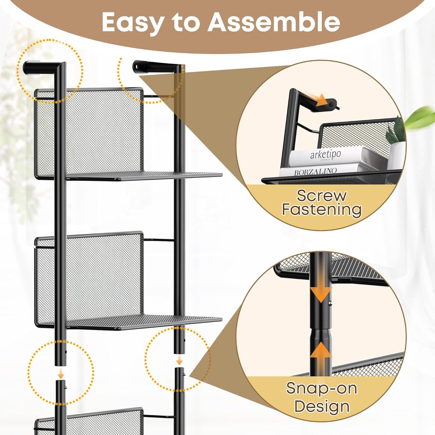 Docnest Industrial Wall-Mounted Ladder Shelf - 6-Tier Metal Bookshelf Organizer, 47.6 Inch Modern Floating Shelves for Plants, Books & Home Decor, Black Industrial Storage Shelving