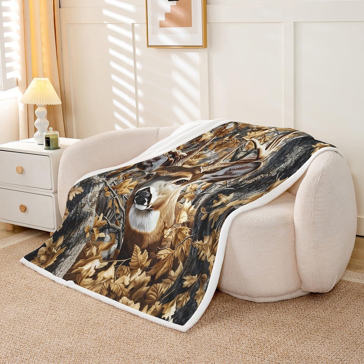 Feelyou Camo Deer Fleece Throw Blanket Throw 50"x60" Kids Western Deer Hunting Plush Blanket Boys Camo Moose Sherpa Blanket Camouflage Deer Hunting Fuzzy Blanket