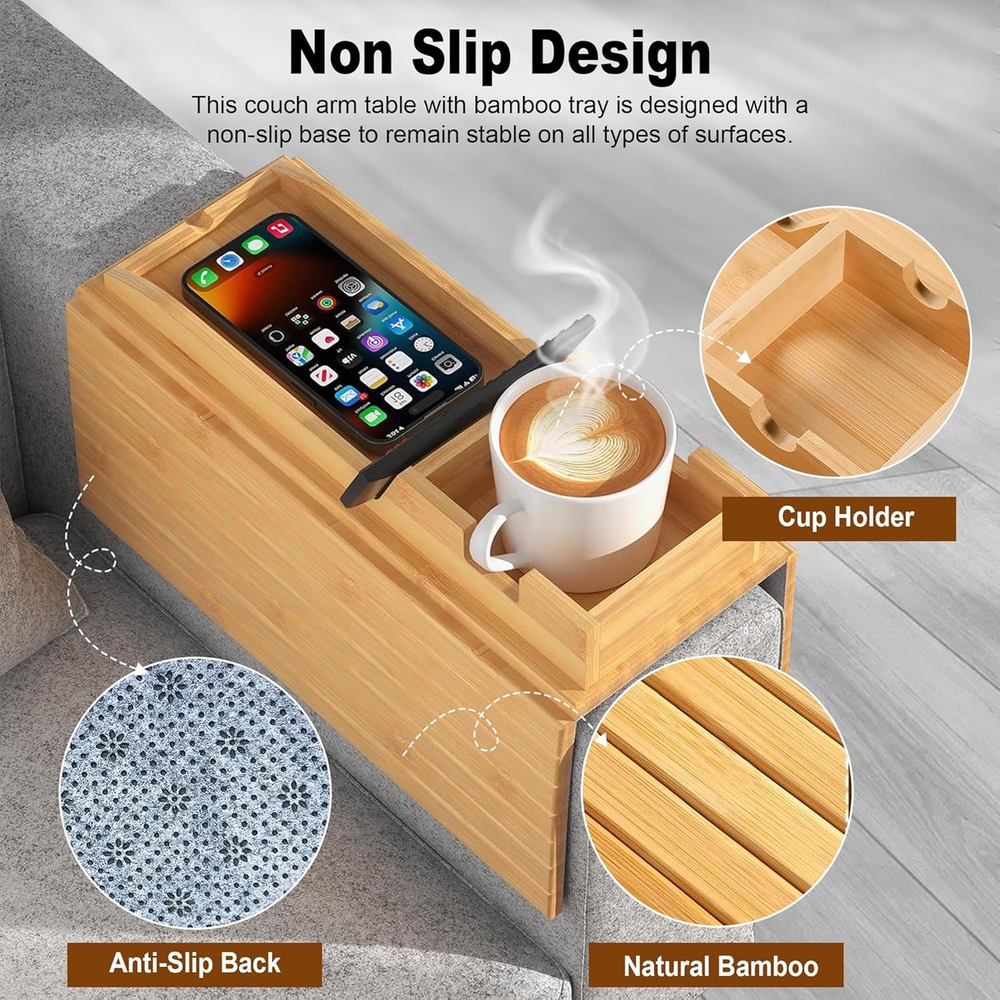 2-in-1 Adjustable Bamboo Sofa Cup Holder Tray (Fits 4.5” to 14” Arms) - Detachable Armchair Caddy with Sofa Arm Tray Drink Organizer - Foldable Couch Caddy with Cup Holder for Phone Remote Snack