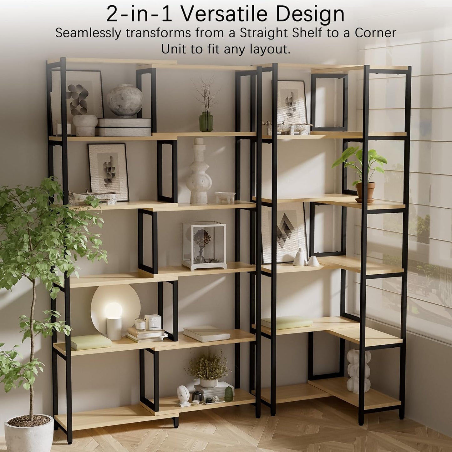 6 Tier Corner Shelf/Bookshelf, Deformable L Shaped Bookcase, Modern Tall Storage Display Rack with Sturdy Metal Frame for Home Office (Light Natural Wood Color)