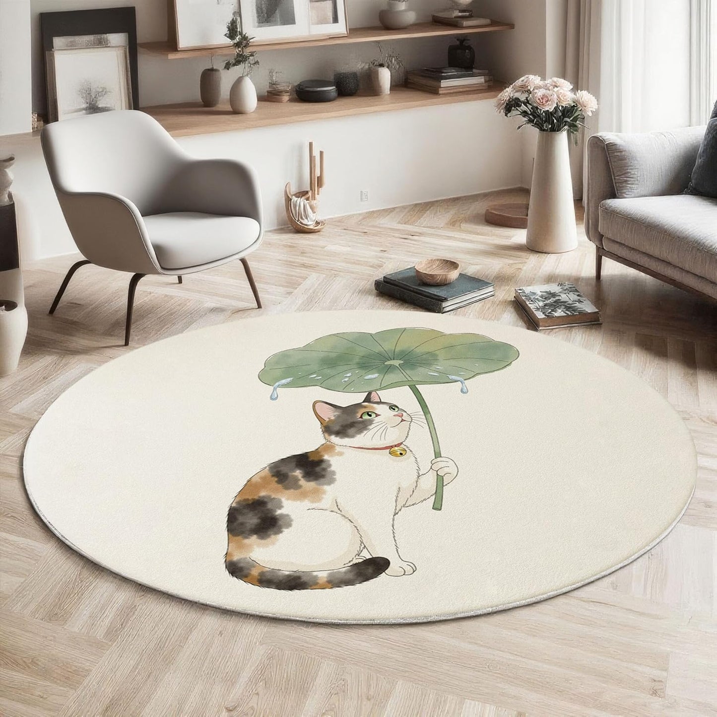 Watercolor Lotus Leaf Cat Round Rugs 3Ft, Chinese Animal Round Living Room Area Rug, Washable Large Soft Circle Rug for Bedroom, Non Slip Ultra Thin Floor Carpet for Dining Room, Cream Color