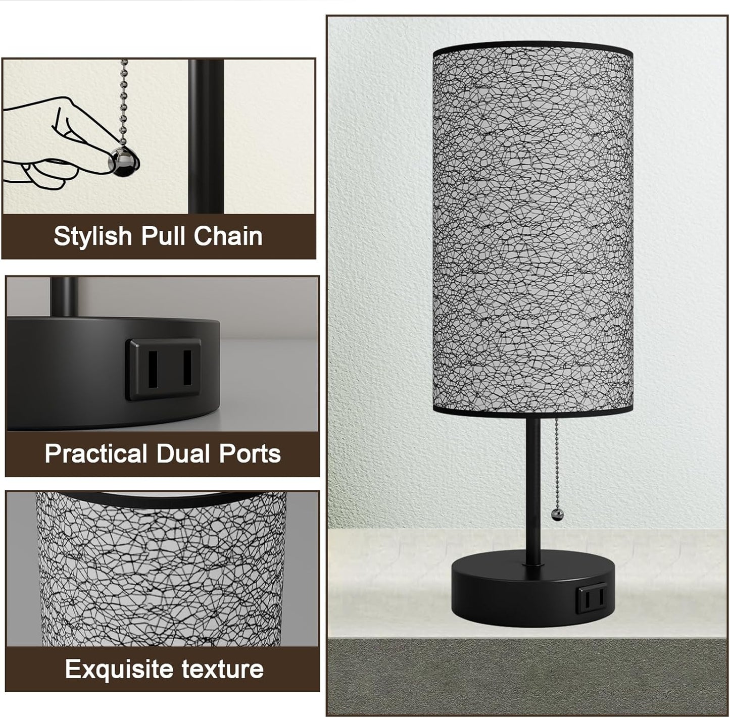 Table Lamp for Bedroom,Nightstand Lamp for Bedside with AC Outlets,Adjustable 3color LED Light Desk Lamp for Home Decor,Included Bulb and Lamp Shade (Black-OnlyAC, 2PCS)