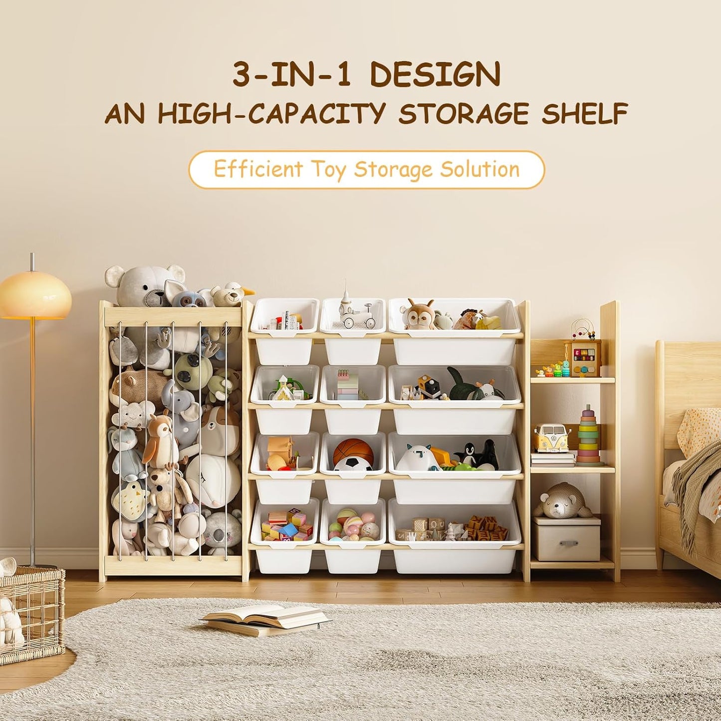 3-in-1 Toy Storage Organizer, Stuffed Animal Holder & 3-Tier Bookcase, Solid Wood Toy Organizer with 12 Storage Bins, Space-Saving Toy & Book Shelf for Kids Rooms, Bedroom, Playroom, White