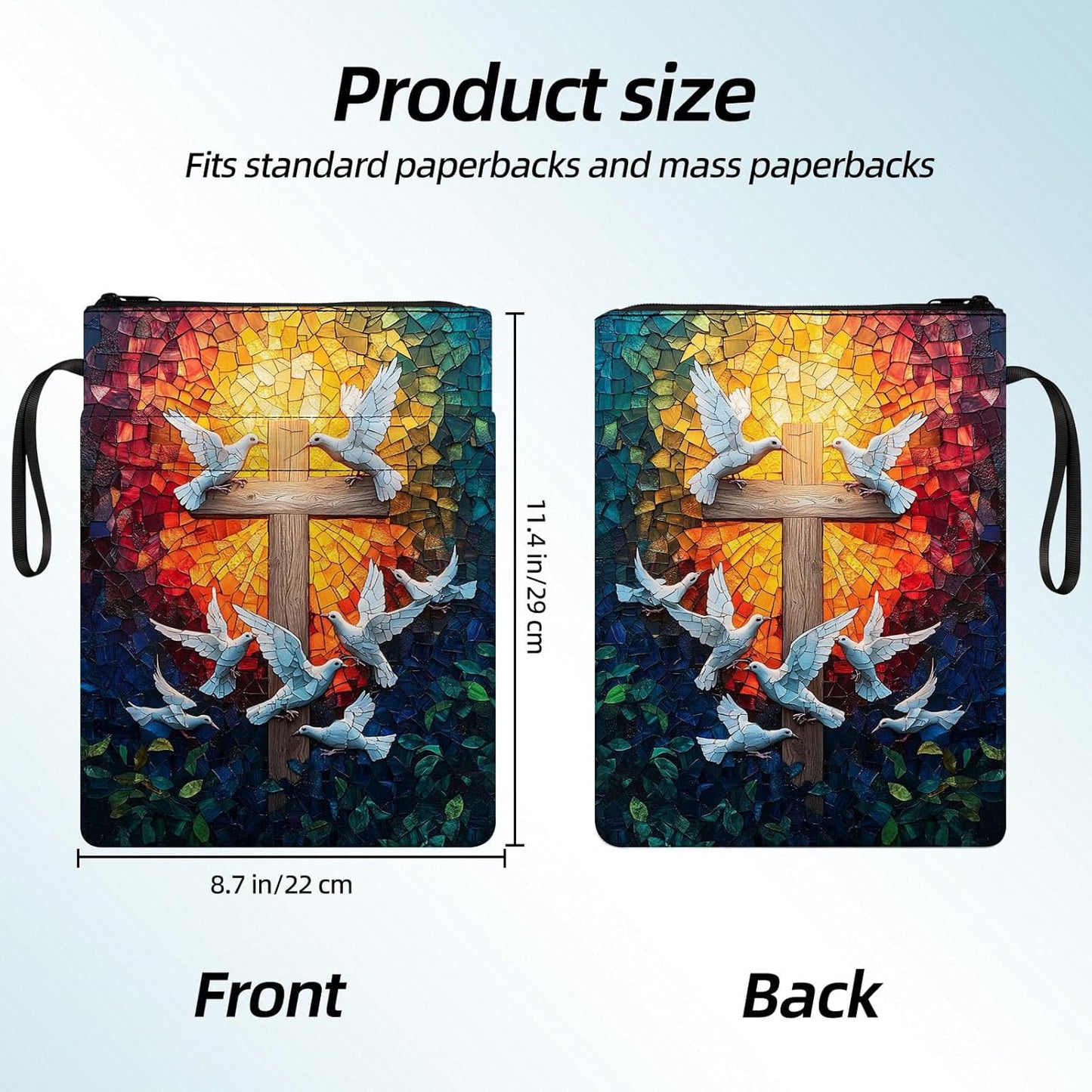 Padded Book Sleeve with Zipper and Front Pocket, Washable Fabric Book Cover for Hardcovers Paperbacks, Protective Book Pouch for Book Lovers & Bibliophiles,Stained Glass Cross Doves
