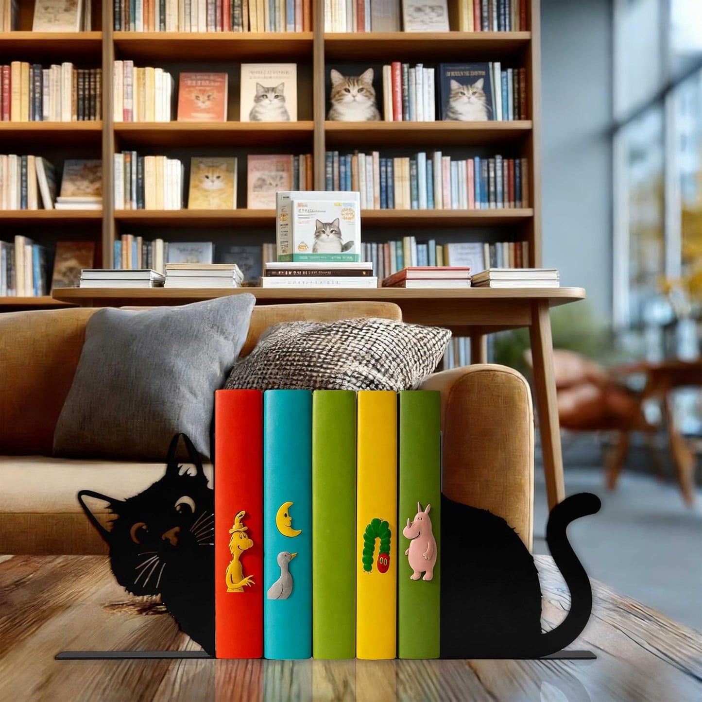 Peeping Black Cat Bookends for Shelves, Cute Cat Decorative Bookends for Kids and Adults, Unique Book Ends for Cats Lovers, Bookshelf Accessories, Home Decor, Office, Reading and Book Decor