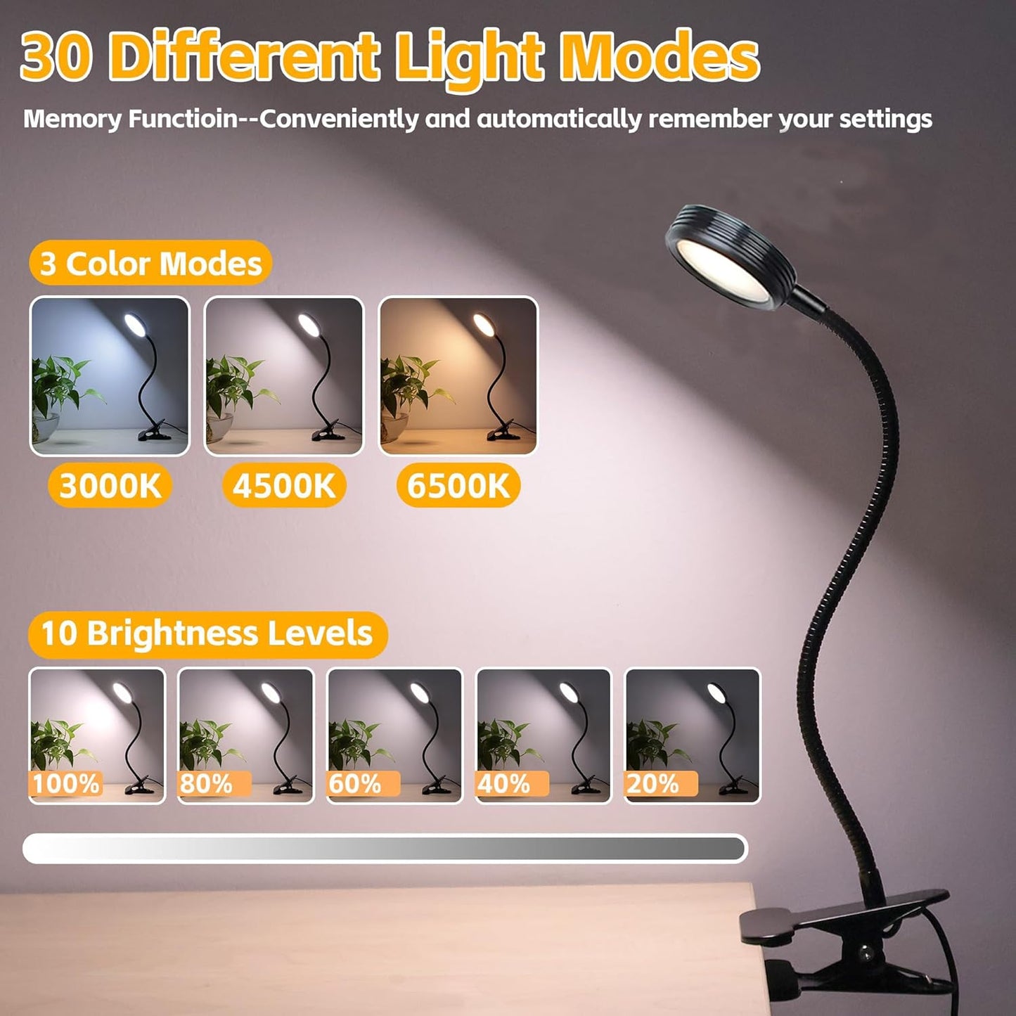 USB Clip-On Desk Lamp with 3 Color Modes, Adjustable Brightness, Flexible Gooseneck, 1 Minute Timer, Book Light for Kids Reading Book in Bed at Night Clip on Table, headboard, Dorm, Black