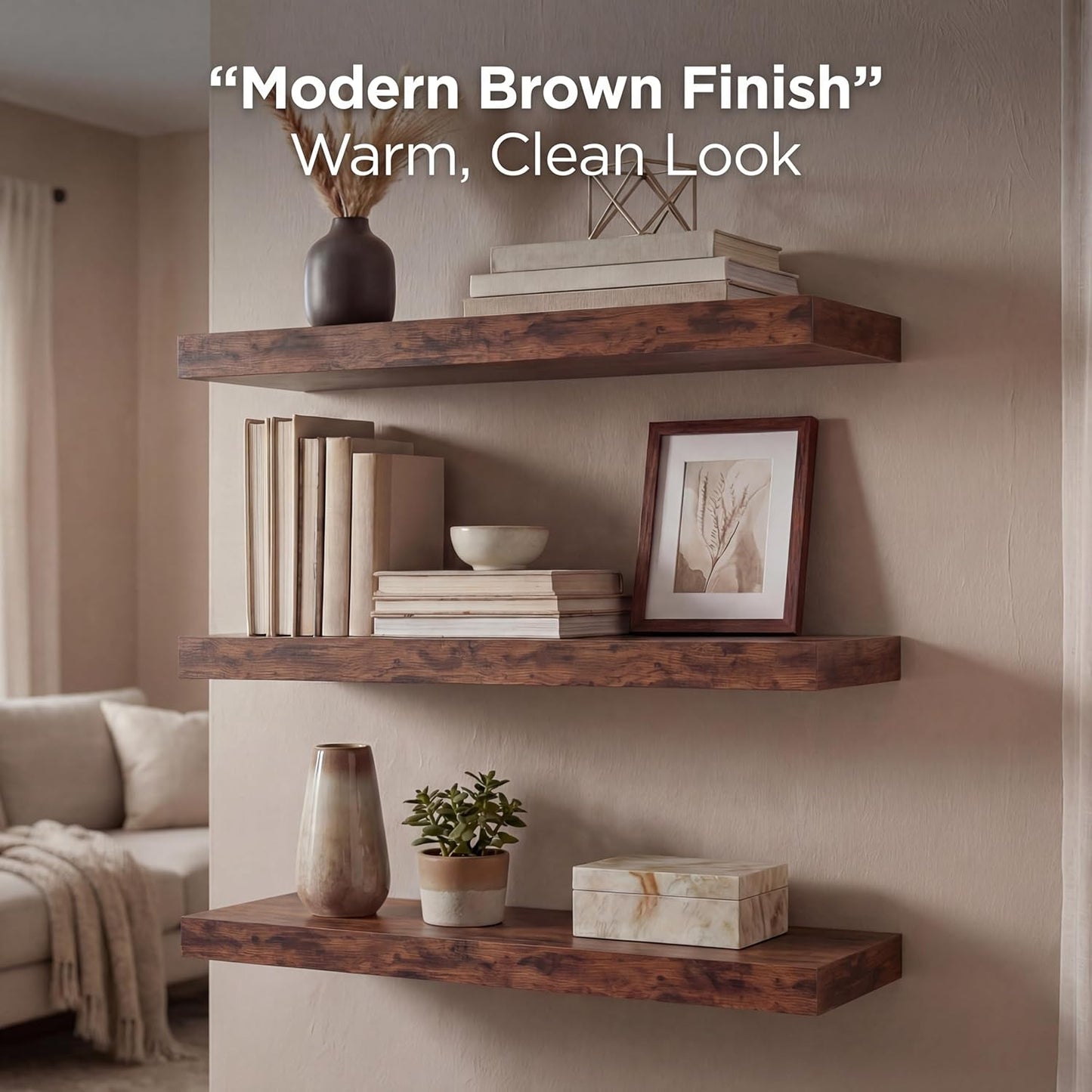 16 Inch Oak Floating Shelves Set of 3, Brown Wall Mounted Shelves with Hidden Brackets, Thin Floating Shelves for Wall Decor, Kitchen Bathroom Bedroom Office