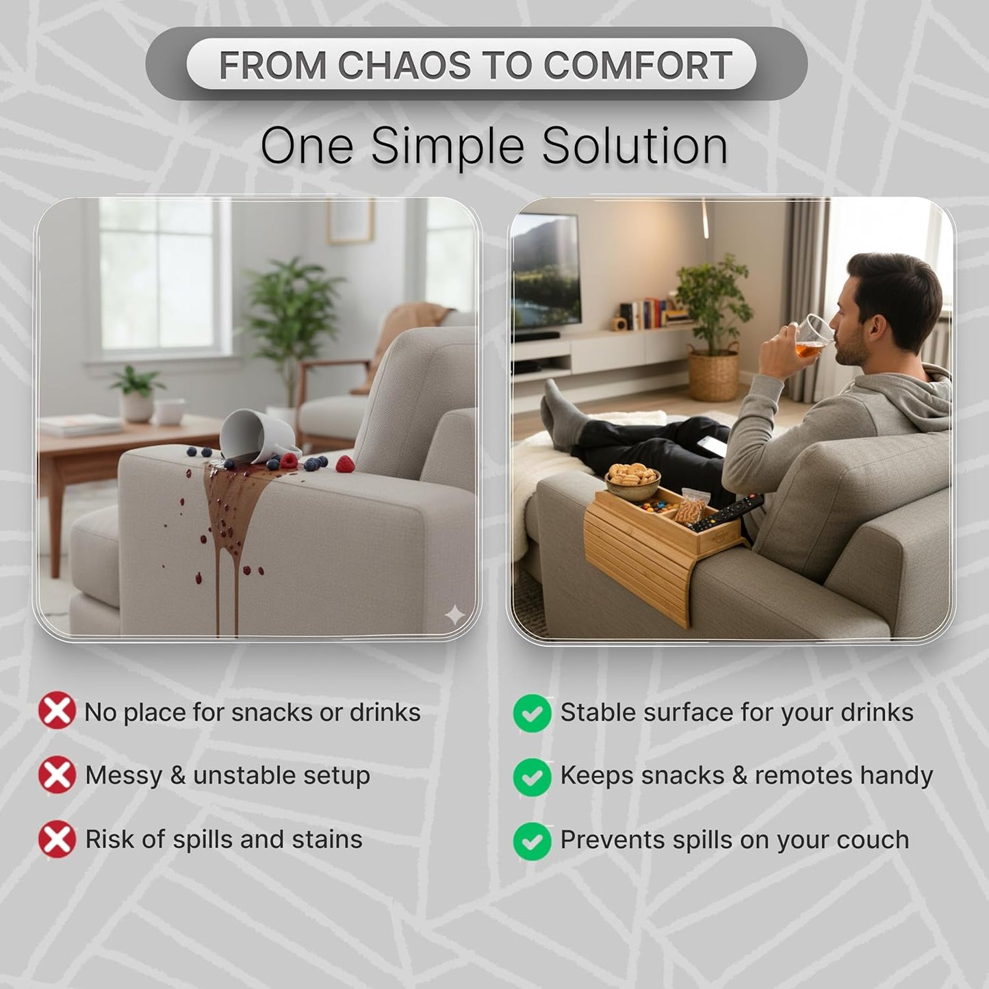 Bamboo Sofa Armrest Tray - Foldable Couch Arm Tray with Cup Holder - 2 in 1 Anti-Slip Sofa Armchair Caddy Table for Drinks, Phone, TV Remote, Snacks