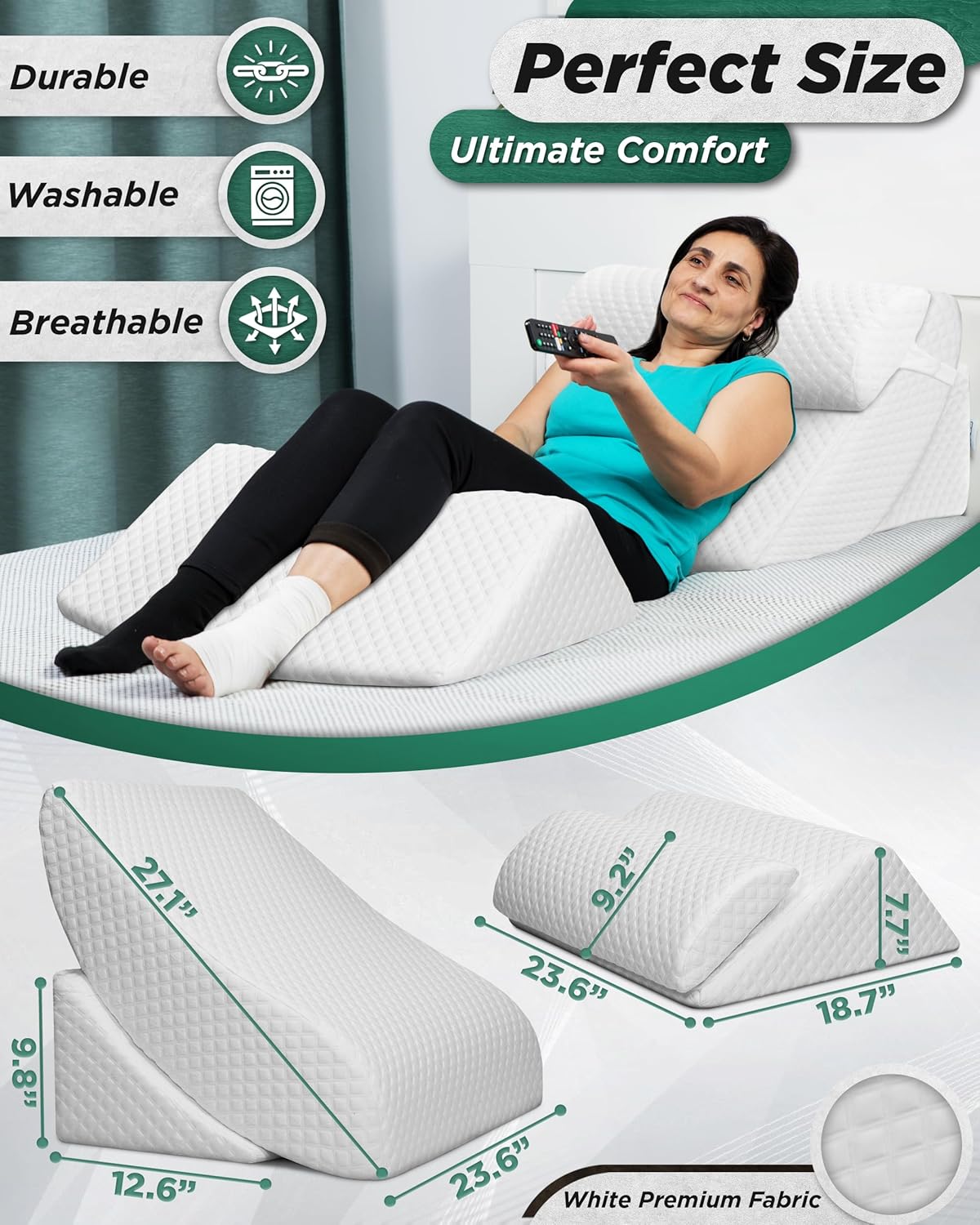 Lunix LX5 4pcs Orthopedic Bed Wedge Pillow Set with Washable Cover, After Surgery Memory Foam Support, Oeko-TEX Certified, Comfort for Sleep and Recovery, Hot/Cold Pack & Vacuum Bags, Pebble White