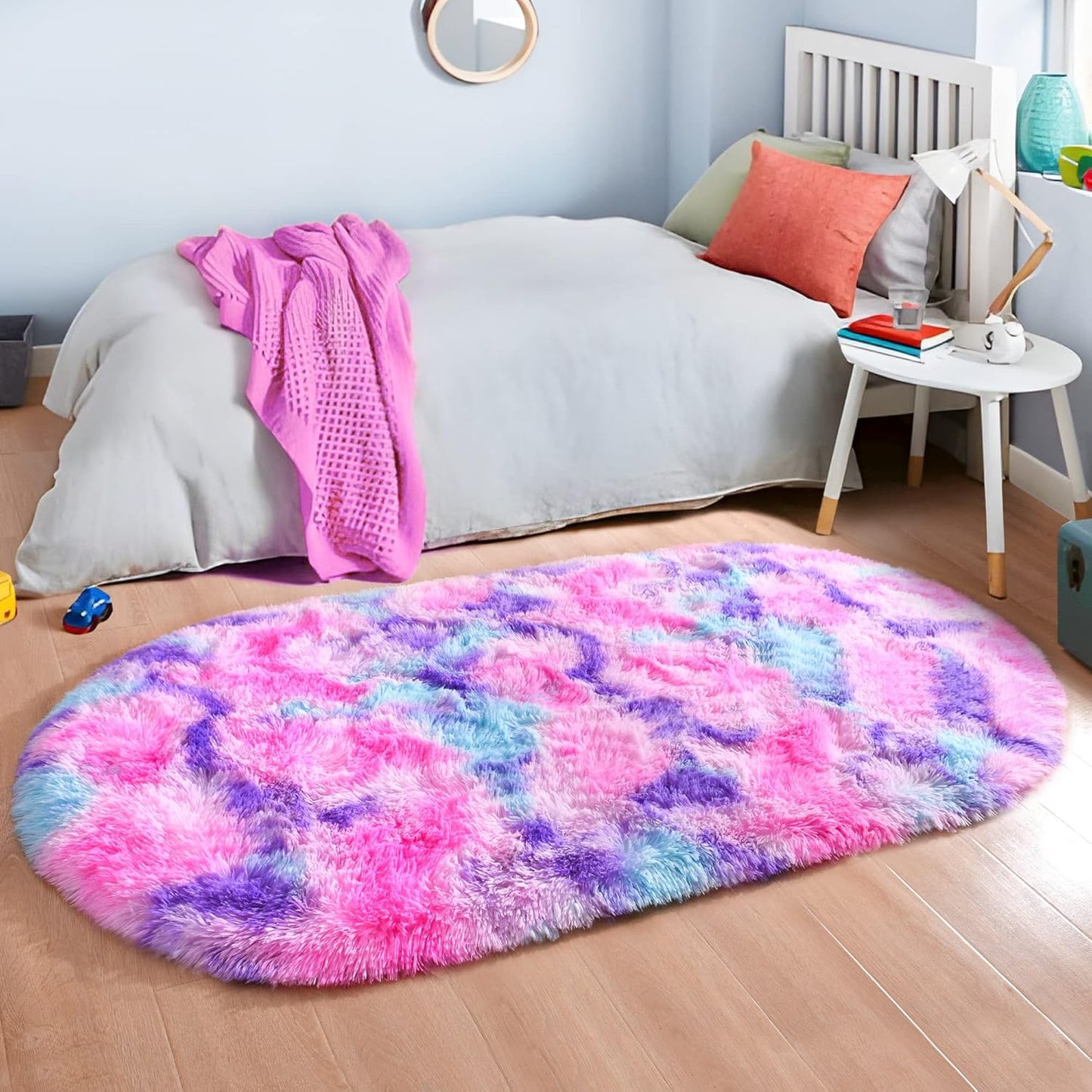 junovo Ultra Soft Washable Shaggy Rug - Non-Slip Oval Carpet for Nursery, Kids Bedroom & Home Decor (2.6x5.3ft Tie-Dye Hot Pink) | Plush Fluffy Floor Mat for Cozy Living Spaces
