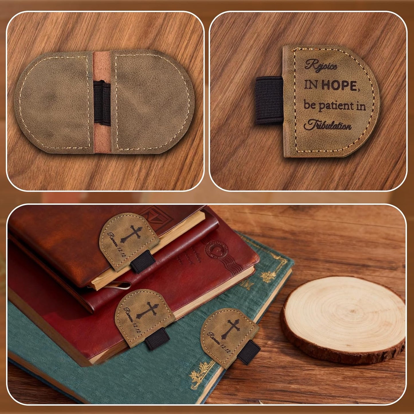 Magnetic Leather Bookmark with Pen Holder - Inspirational Bible Verse Scripture Design, Book Marker for Book Lovers Men Women (Brown-Romans 12:12)