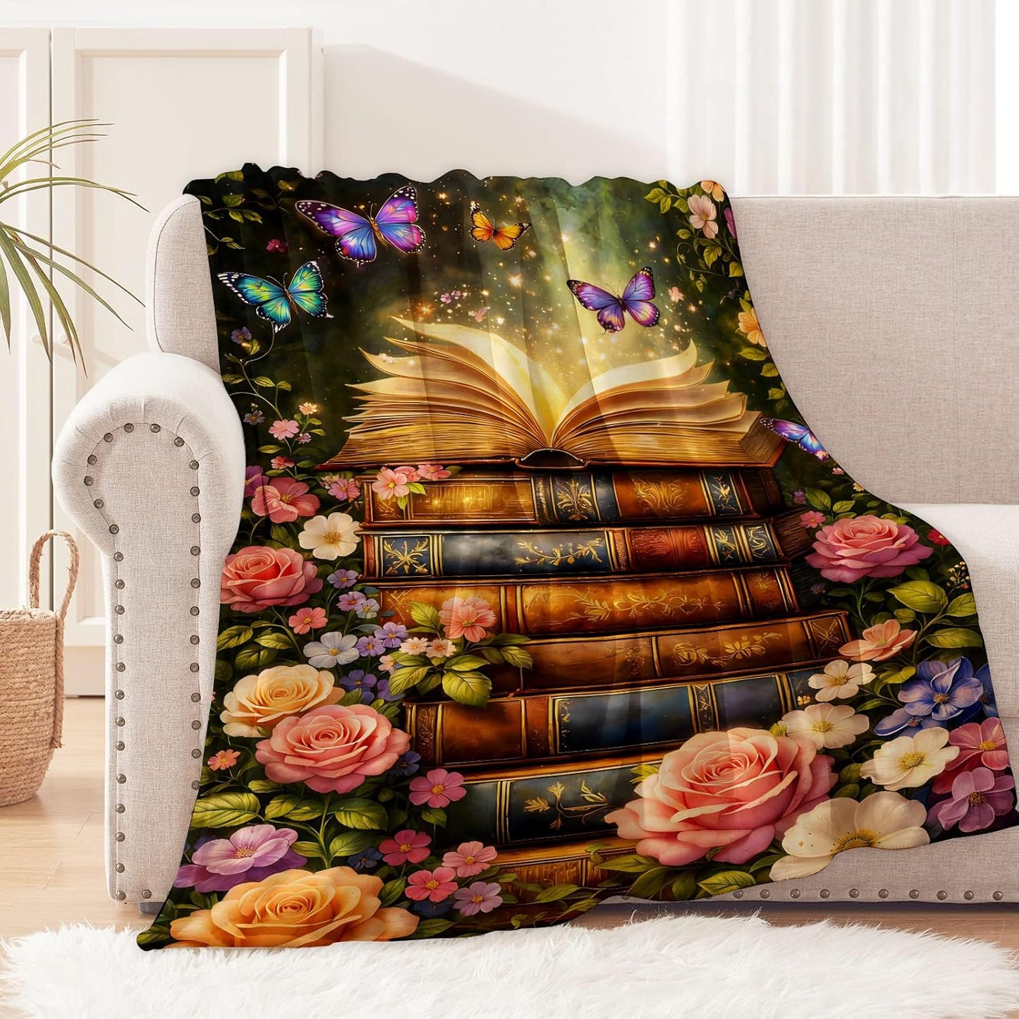 Fantasy Book Garden Throw Blanket for Book and Nature Lovers, Magical Floral Butterfly Art Flannel Throws Blankets, Dreamy Gifts, Soft Warm Cozy for Sofa Couch Bed Home Decor 60" x 50"