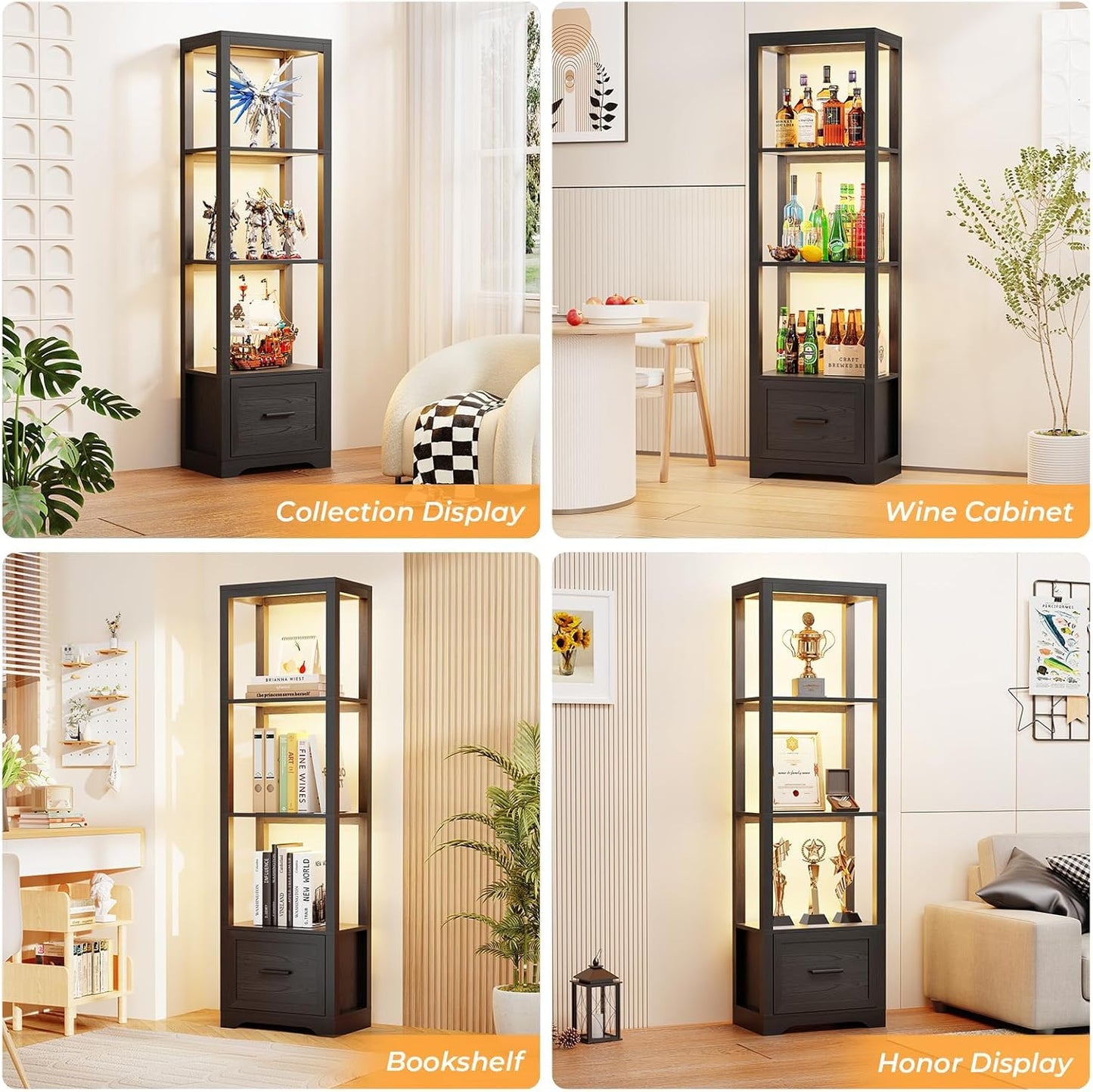 Display Shelf with 3 Color Light, Bookshelf with Drawer, Dimmable Display Cabinet for Collectibles, Bookcase, Display Case for Books, Trophies, Toys, Black