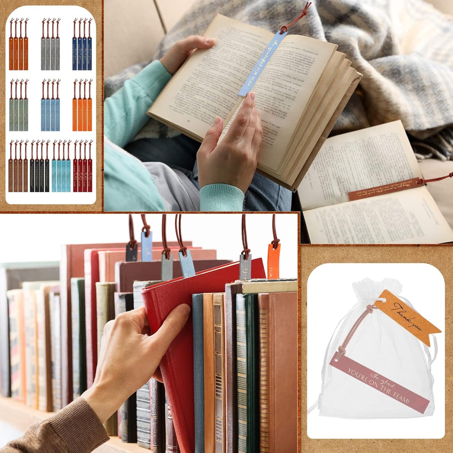 Kosiz Set of 50 Thank You Gifts Leather Bookmark Bulk Employee Appreciation Gifts Inspirational Leather Page Markers with Thank You Tag Organza Bag for Nurse Teacher Book Lovers Book Club