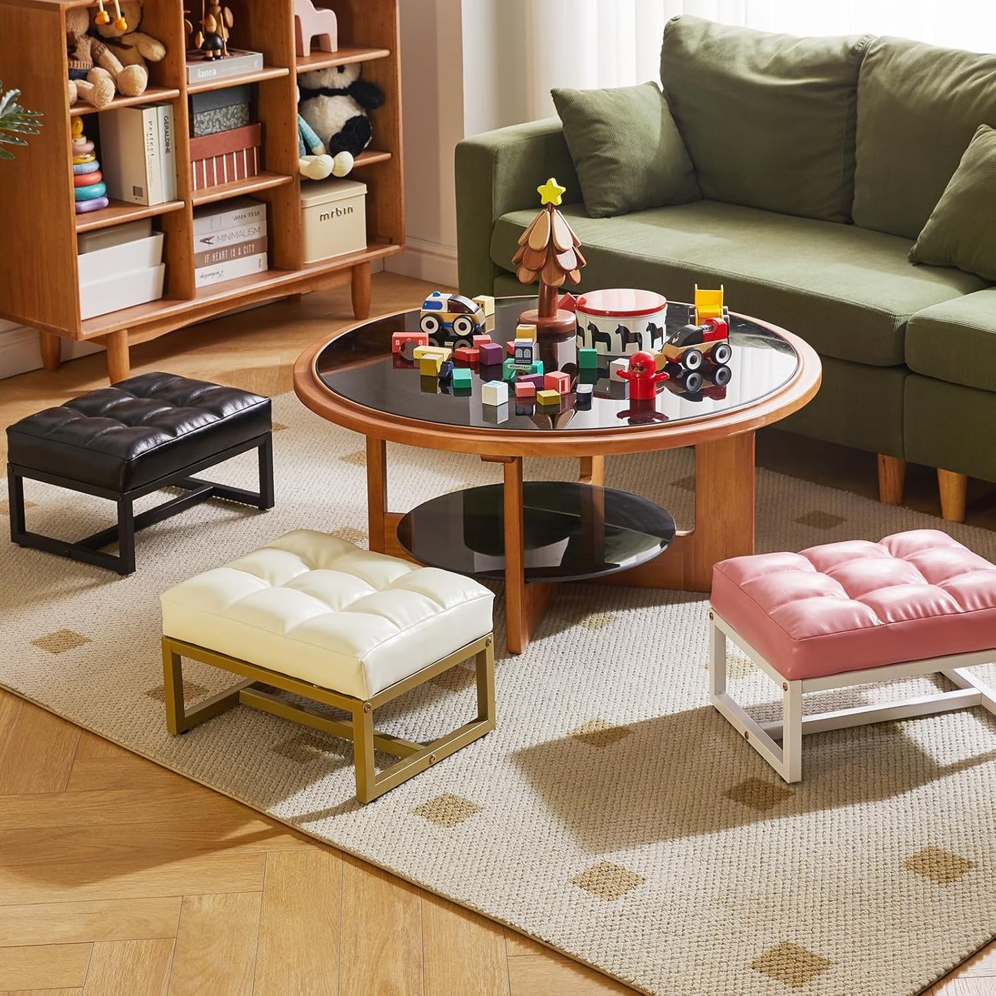 Small Footstool, Rectangle Ottoman with Faux Leather Padded Seat, Change Shoes Bench, Sofa Footrest Extra Seating for Living Room Entryway Office, Pink YD-JD139P