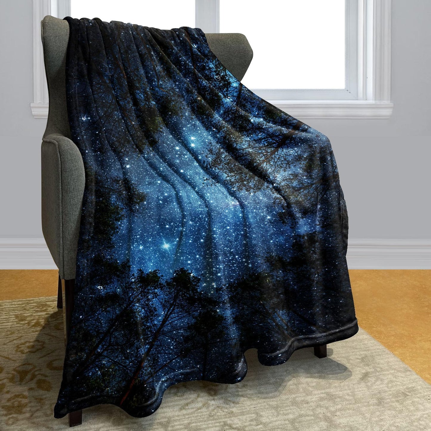 Soft Cozy Fleece Throw Blanket for Couch, Starry Night Galaxy Forest Trees,50x60 Inches
