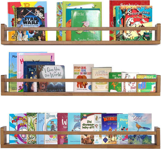 AZSKY Light Walnut Nursery Book Shelves 36 in Floating Wall Mounted Bookshelf Kids Room Hanging Shelves Books Storage Organizer a Set of 3