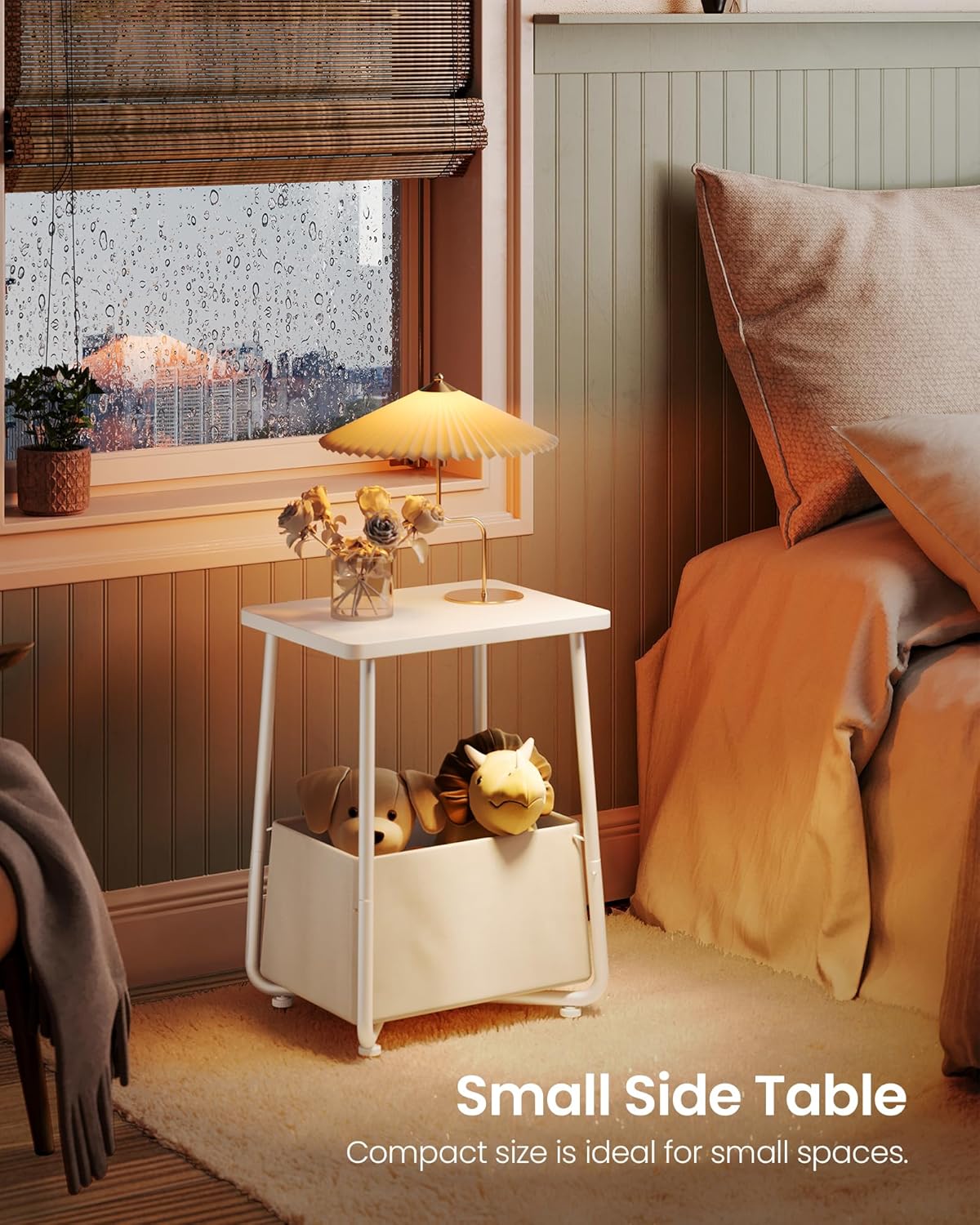 Nursery Side Table, Small End Table for Small Spaces, Nightstand with Fabric Basket, for Nursery, Living Room, Bedroom, White TBZ13WB
