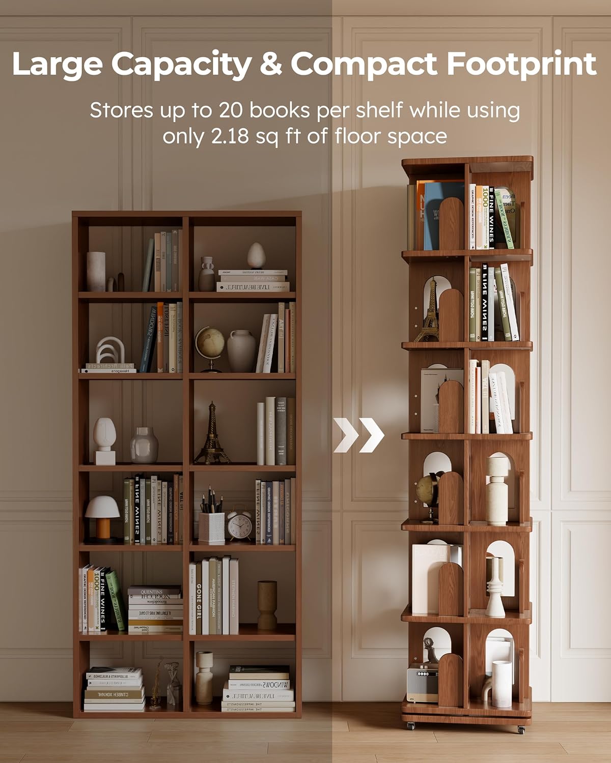 Solid Wood Rotating Bookshelf Tower with Book Ends, 6 Tier Corner Book Shelf with Wheels, Spinning Bookshelf Kids, Revolving Bookcase Shelf, Tall Narrow Book Case for Small Spaces, Walnut