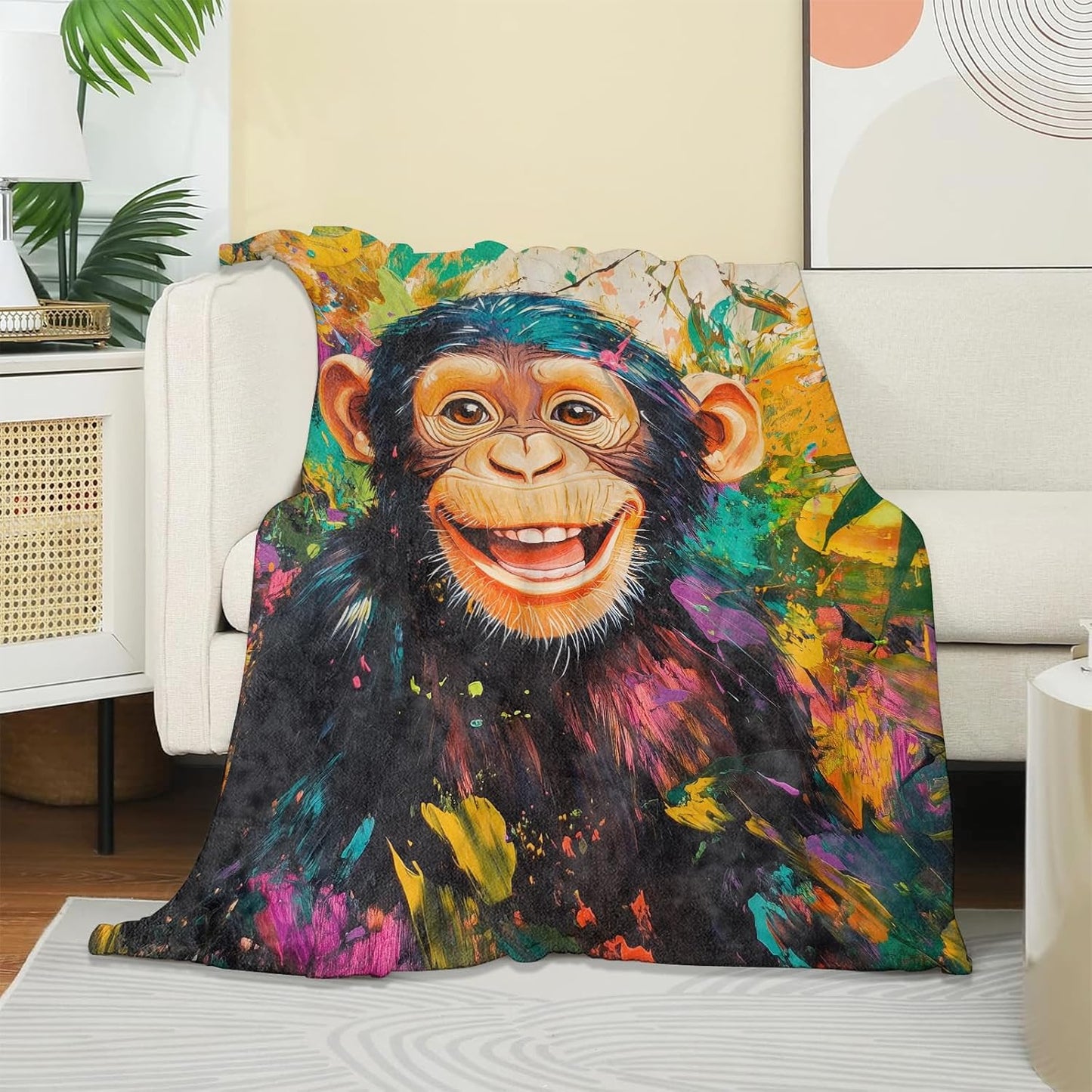 Playful Chimpanzee Blanket, Soft Warm Cozy Funny Monkey Throw Blanket Gifts for Adults Kids Women, Lightweight Fuzzy Comfy Flannel Blankets for Couch, Travel, Bed, House Decor 60×50 Inch