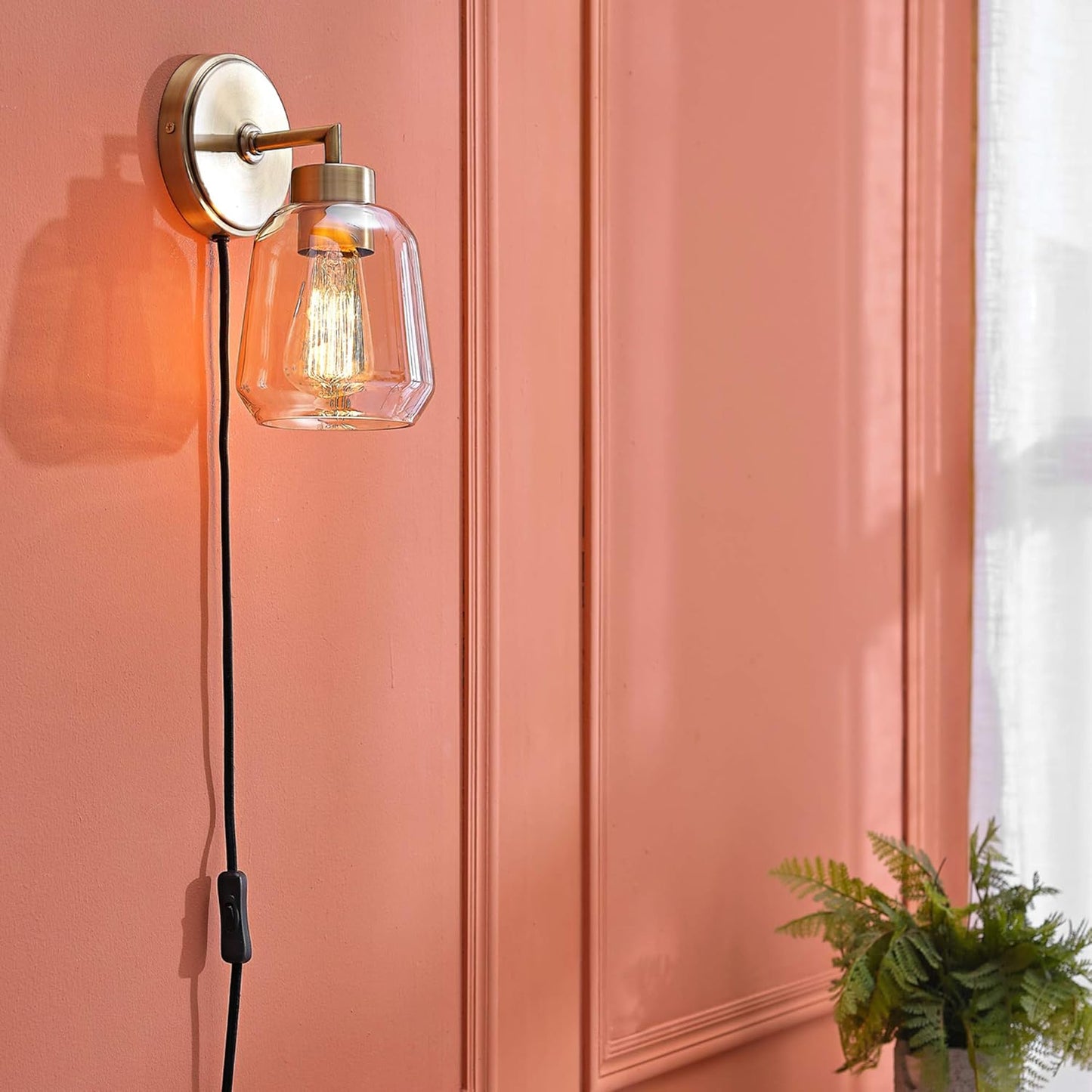 Globe Electric 51715 1-Light Plug-in or Hardwire Wall Sconce, Matte Brass, Smoked Amber Glass Shade, Black Fabric Cord, in-Line On/Off Switch, Bedroom, Living Room, Mounted Bedside Lamp