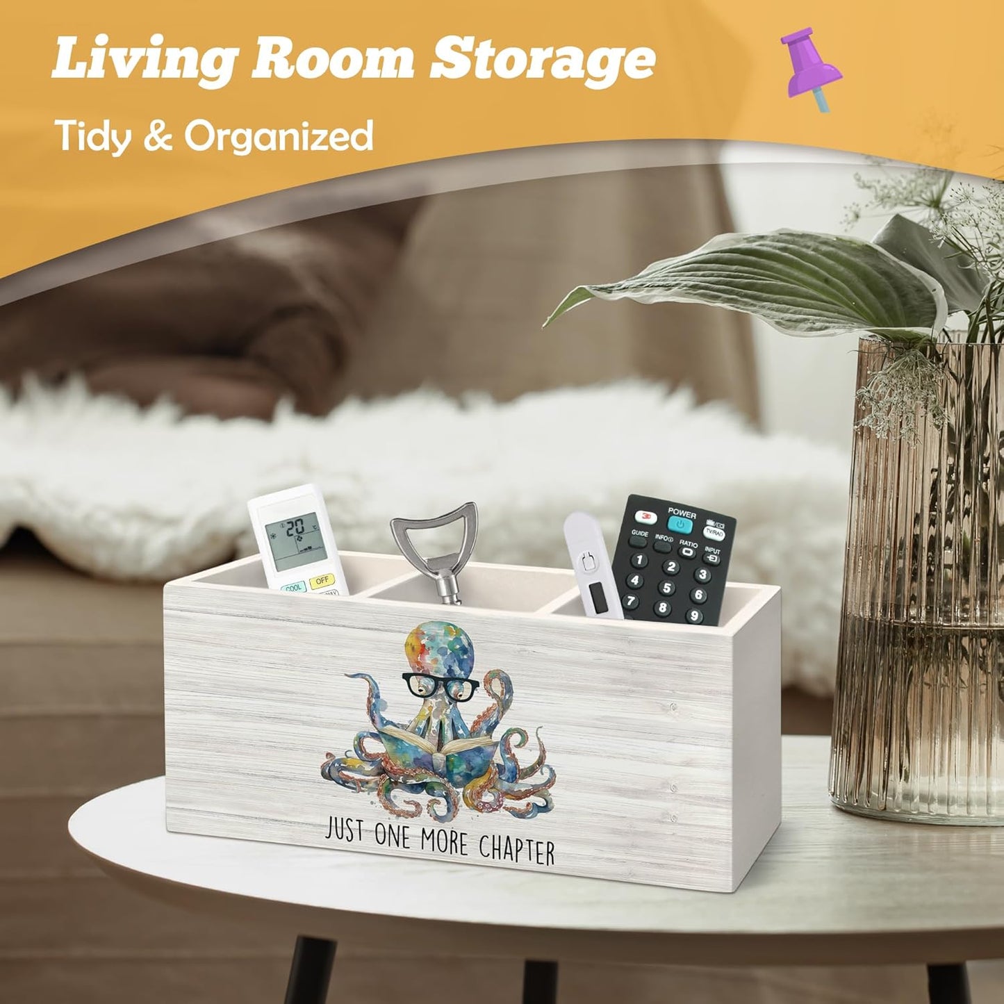Book Lovers Gifts Pen Holder Organizer for Desk Accessories, Just One More Chapter Octopus Bookish Wooden Box Desk Decorations for Kids Reading Corner Nook Room Classroom Decor