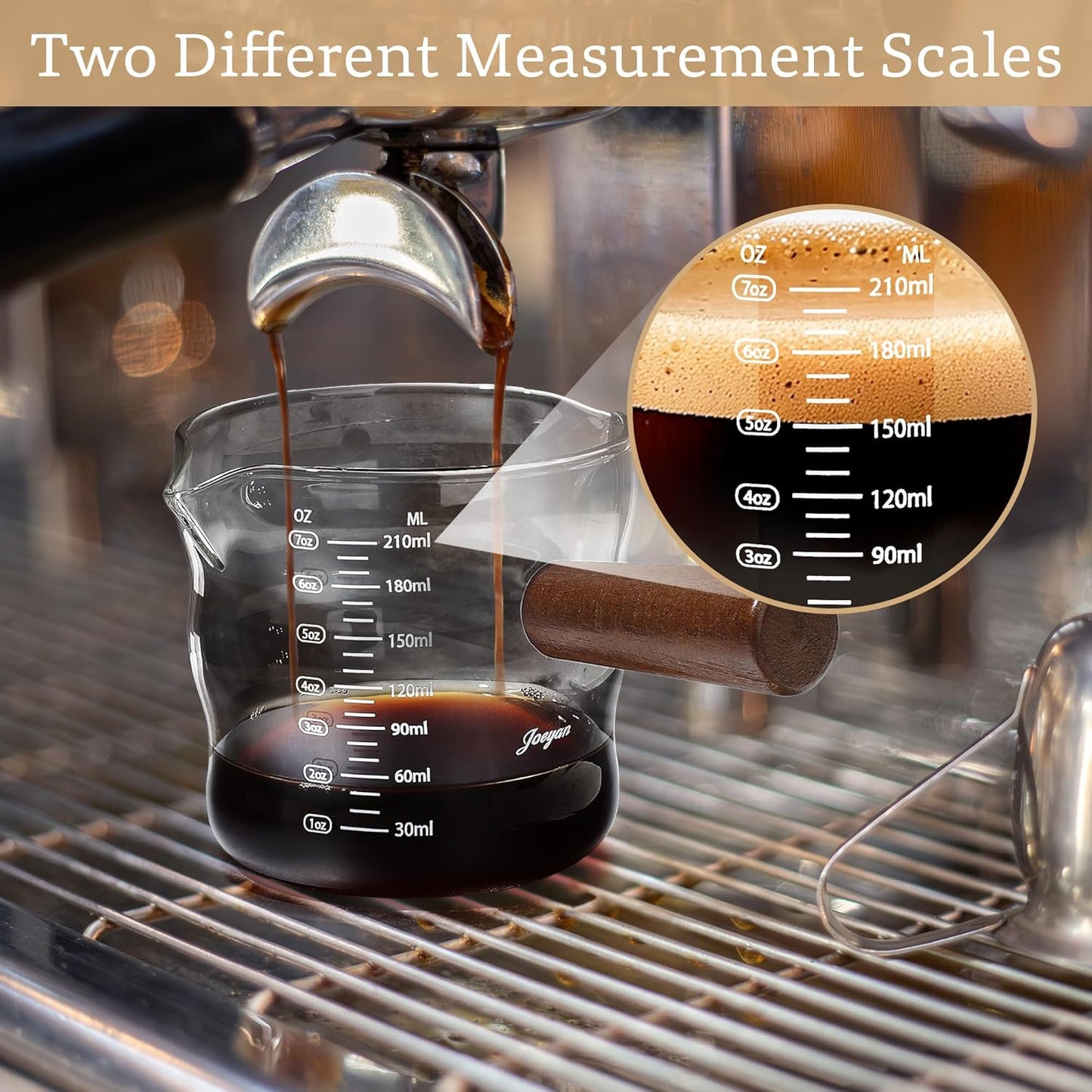 Joeyan 9 oz Espresso Cups, Espresso Shot Cups, Glass Measuring Cup with Double Spouts and Wood Handle, Wave Shaped Triple Pitcher Milk Cup, Borosilicate Clear Coffee Bar Accessories