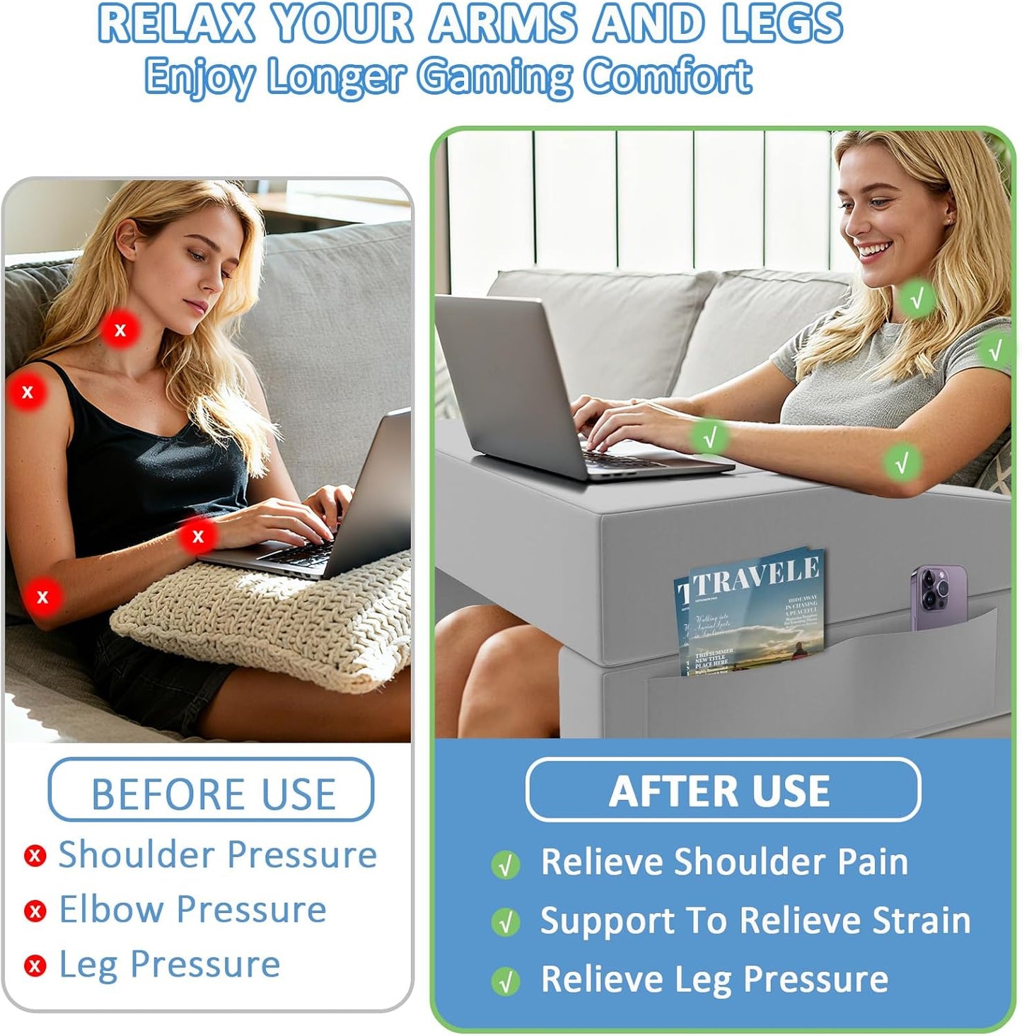 Reading Pillow for Gaming Large Lap Desk for Laptop with Back Arm Rest & Cup Holder for Adult Adjustable Gaming Pillow Memory Foam Bed Desk for Reading, Crochet, Working on Bed Floor Sofa & Couch