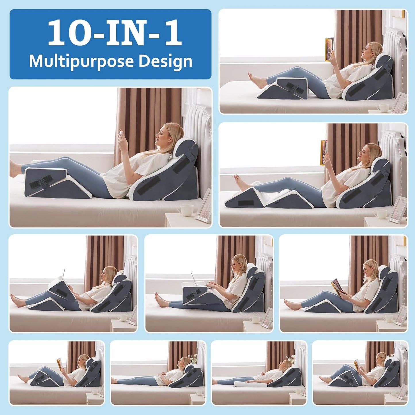 5Pcs Wedge Pillow Set for After Surgery, Orthopedic Bed Wedge Pillow Set for Post Surgery, Acid Reflux Relief, Sleeping, Back Pain Relief, Adjustable Back Pillow for Bed Sitting up, White/Grey