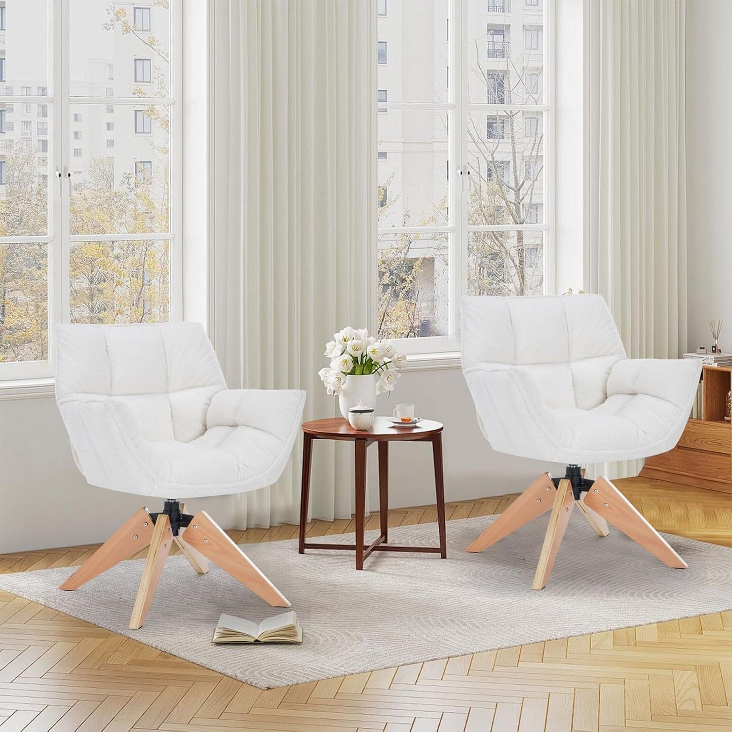 Mid Century Accent Chair, Lambs Wool Vanity Chair Modern Cozy Desk Chair no Wheels with Amrest, Wood Legs for Living Room, Reading Room, Bedroom, White Lambwool