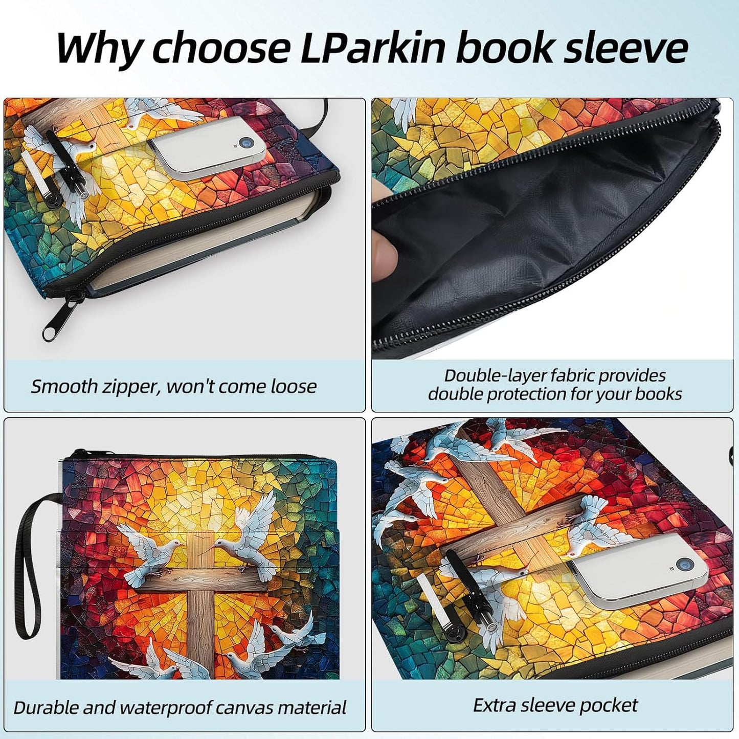 Padded Book Sleeve with Zipper and Front Pocket, Washable Fabric Book Cover for Hardcovers Paperbacks, Protective Book Pouch for Book Lovers & Bibliophiles,Stained Glass Cross Doves