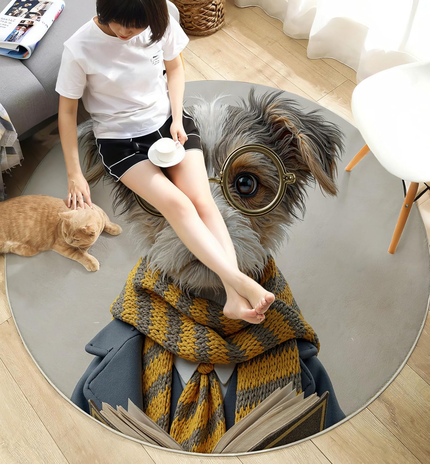 Modern Round Area Rug for Living Room, 6Ft Washable Round Rug Beige Retro Glasses Puppy Circle Rugs for Dining Room Table, Realistic Animal Style Small Circular Floor Carpet for Bedroom