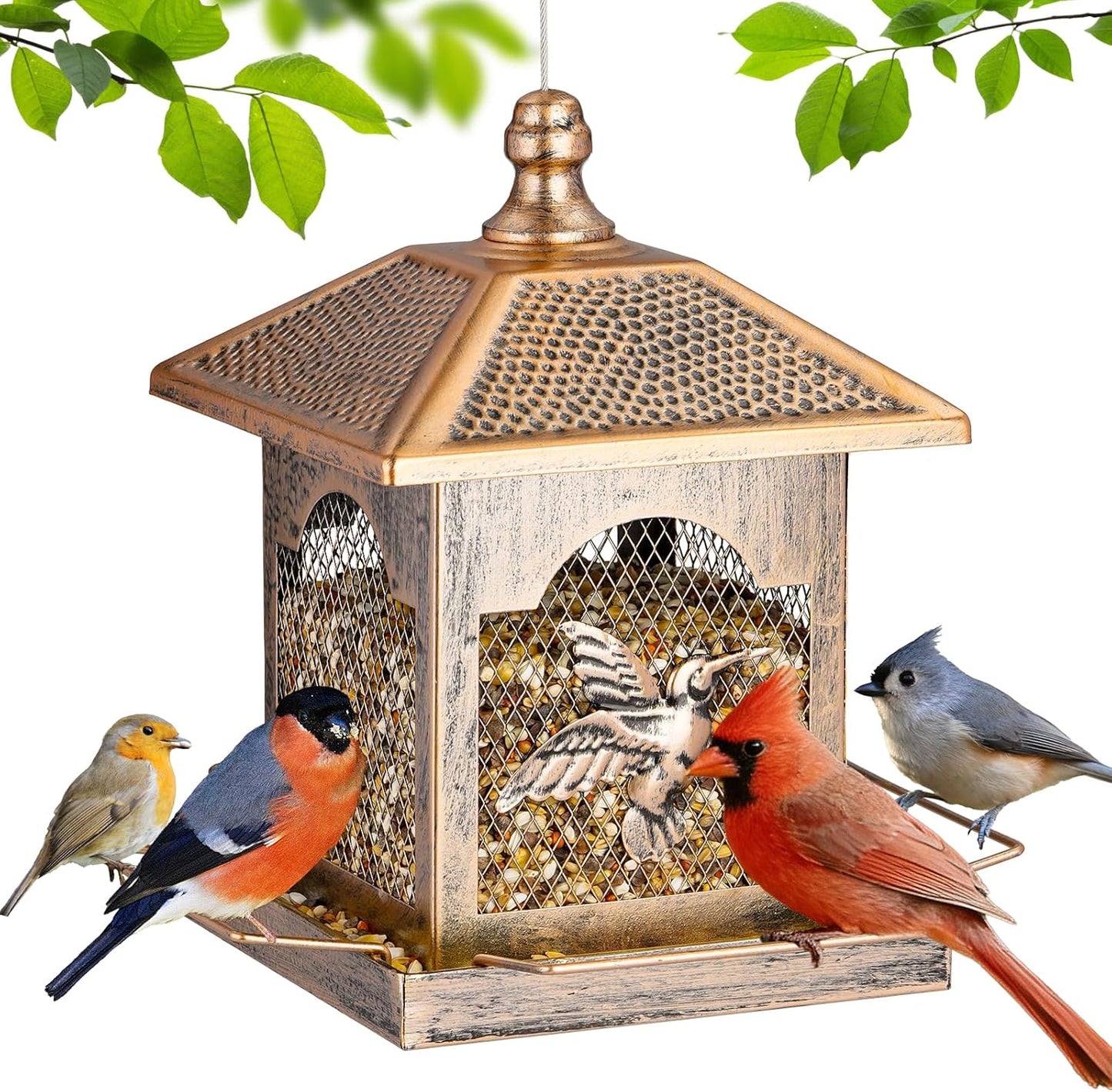 LBTING Bird Feeder for Outside, Metal Square Lantern-Shaped Bird Feeder with Polka Dot Patterned Roof, Wild Bird Feeders for Hanging Outdoor Garden Yard