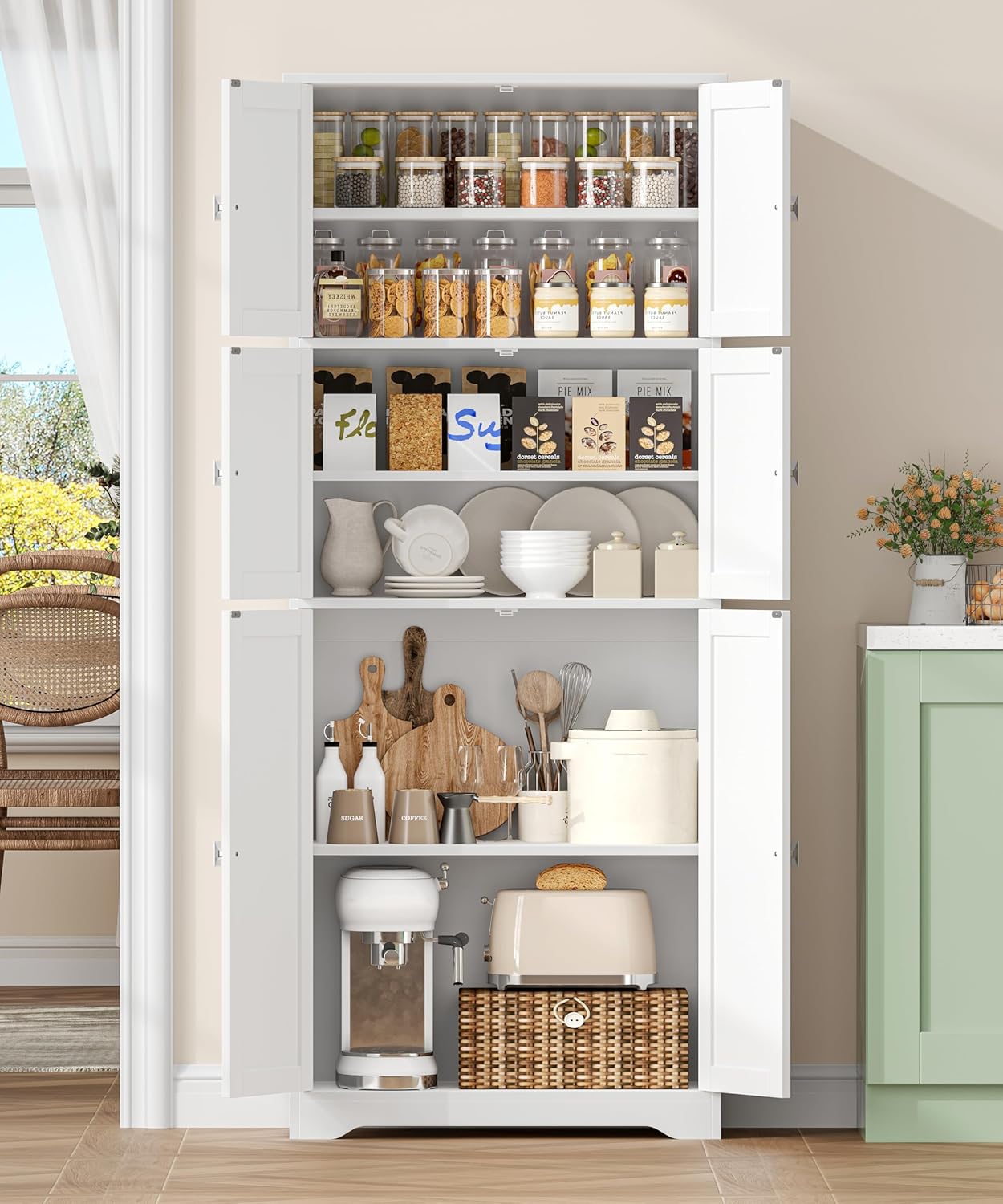 63" H Tall Bathroom Storage Cabinet, Linen Floor Cabinet with 6 Doors and Adjustable Shelves, Pantry Storage Cabinet for Bathroom, Living Room, Laundry Room, Kitchen, White