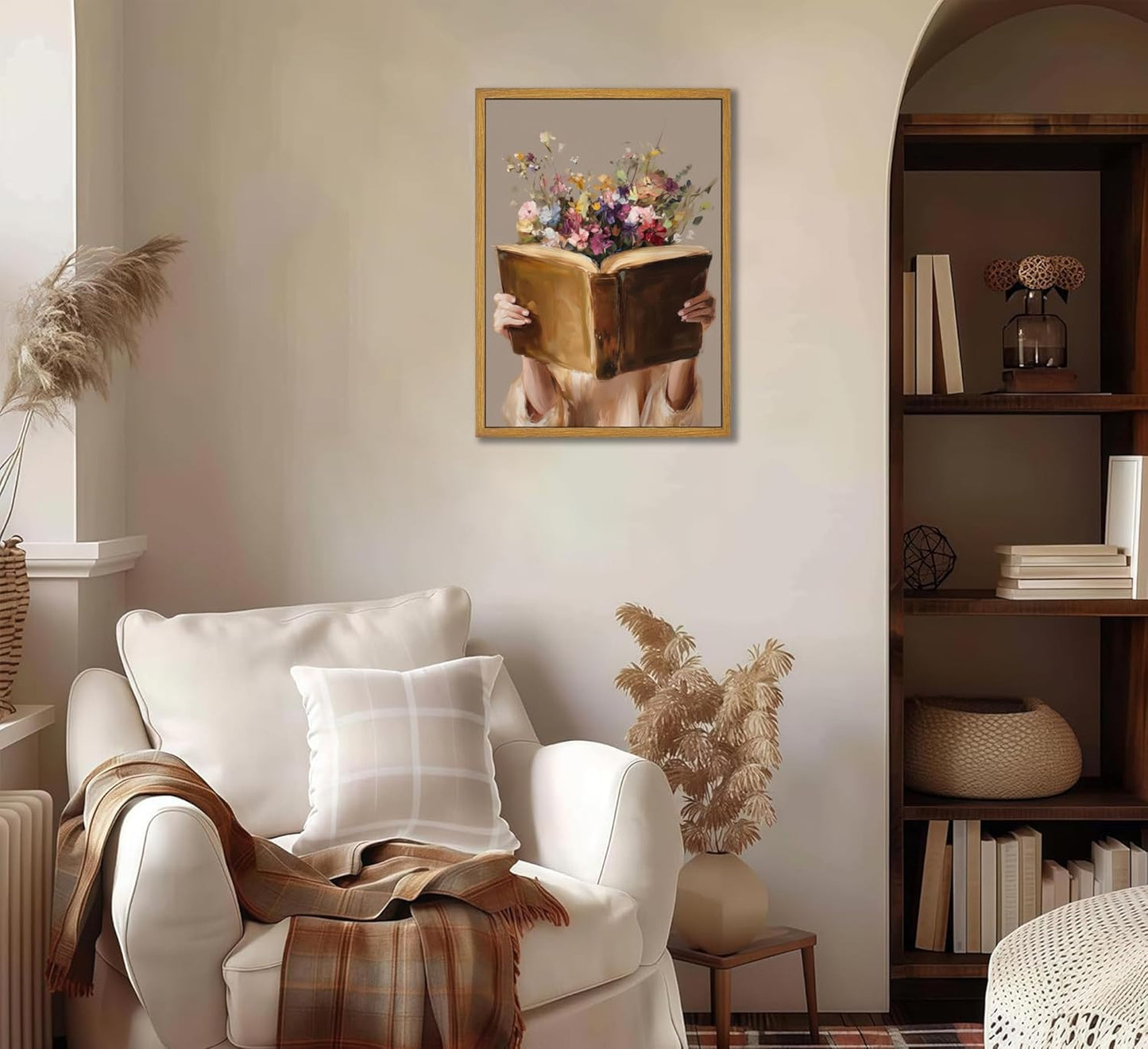 Framed Vintage Reading Woman Wall Art Floral Book Painting Picture Canvas Wall Decor Reading Aesthetic Poster Print Artwork for Library Living Room Dorm Bedroom Home Decoration